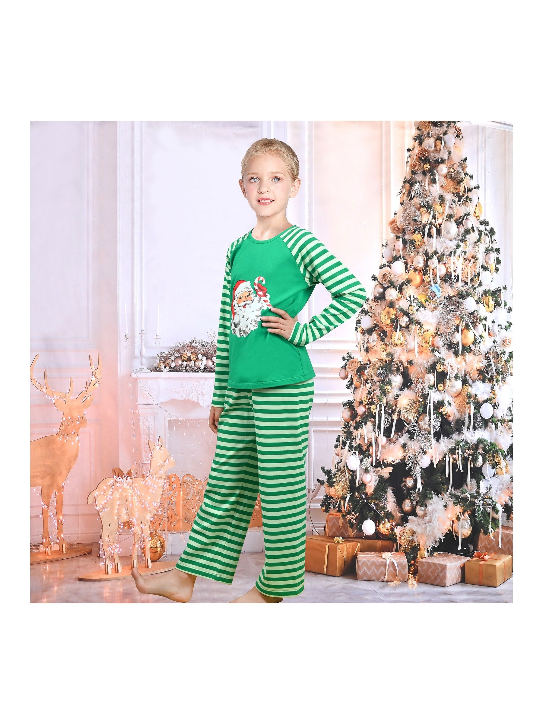 Girls Outfit Set 2 Piece Green Tee Striped Pants Christmas Santa Claus Green