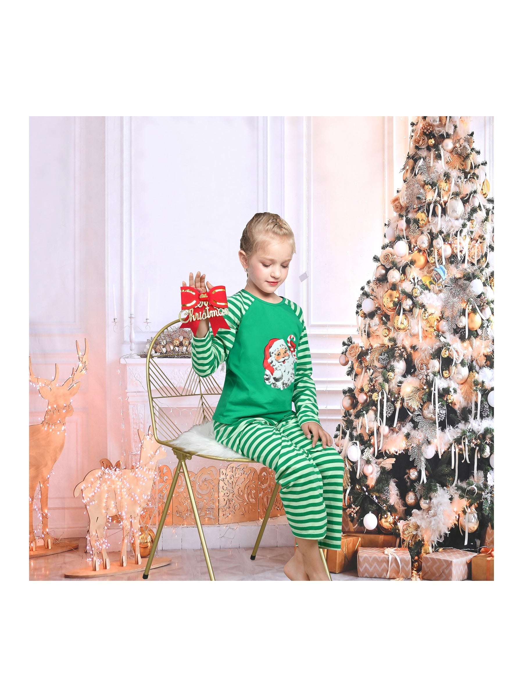 Girls Outfit Set 2 Piece Green Tee Striped Pants Christmas Santa Claus Green