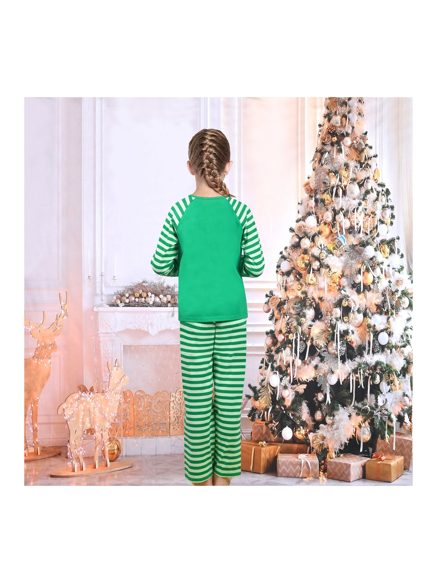 Girls Outfit Set 2 Piece Green Tee Striped Pants Christmas Santa Claus Green