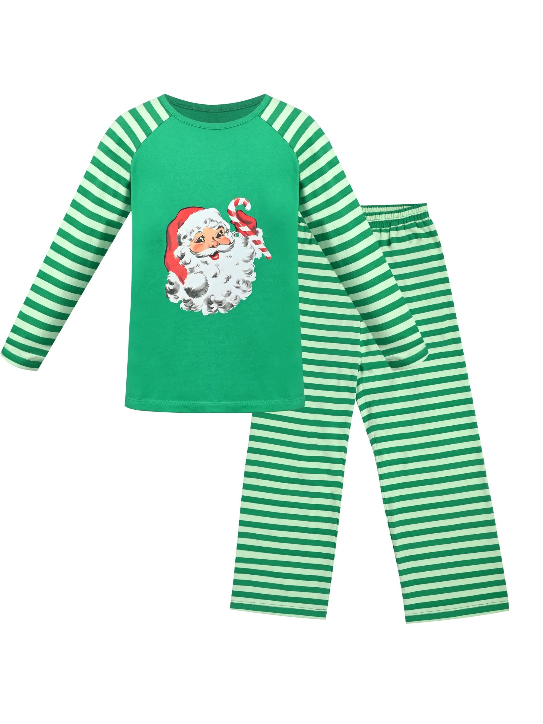 Girls Outfit Set 2 Piece Green Tee Striped Pants Christmas Santa Claus Green