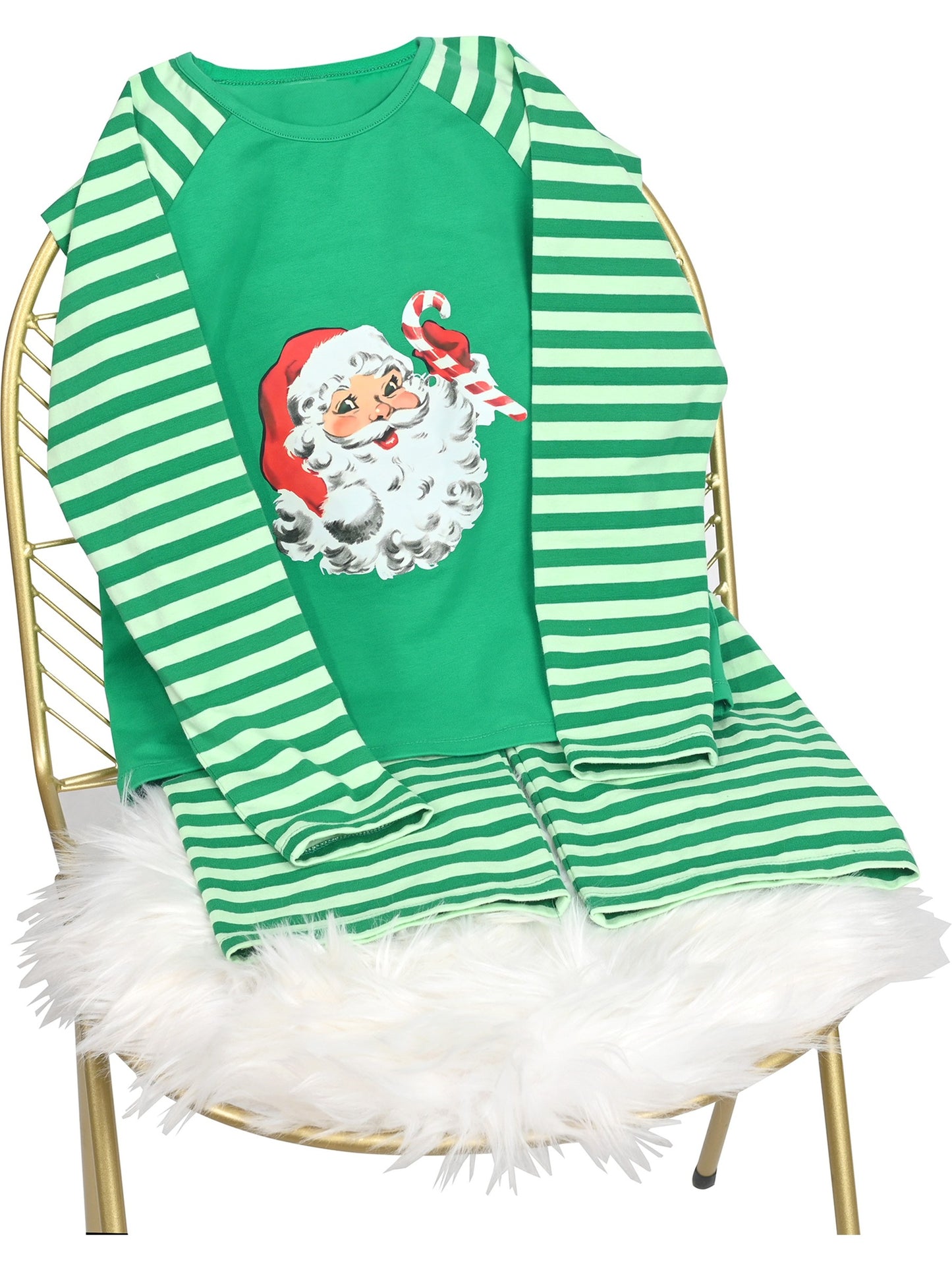 Girls Outfit Set 2 Piece Green Tee Striped Pants Christmas Santa Claus Green