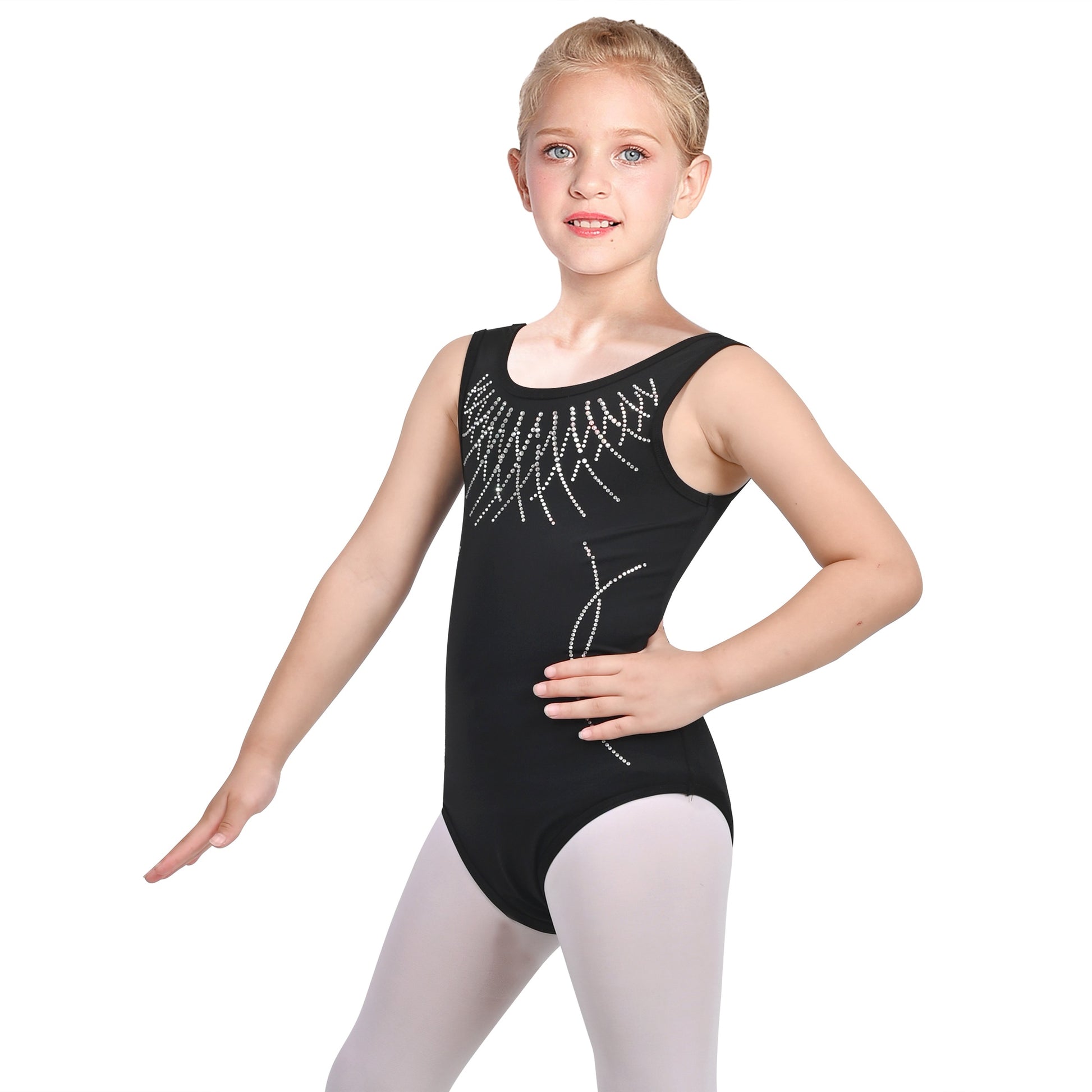 Girls Star Rainbow Rhinestone Sleeveless Active Unitard Ballet Gymnastic Black