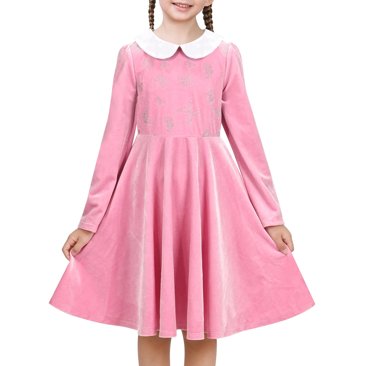 Girls Dress Pink Sequin Butterfly Vintage Long Sleeve Casual Warm Winter Pink