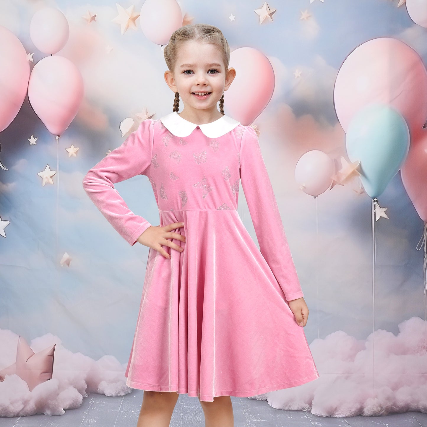 Girls Dress Pink Sequin Butterfly Vintage Long Sleeve Casual Warm Winter Pink