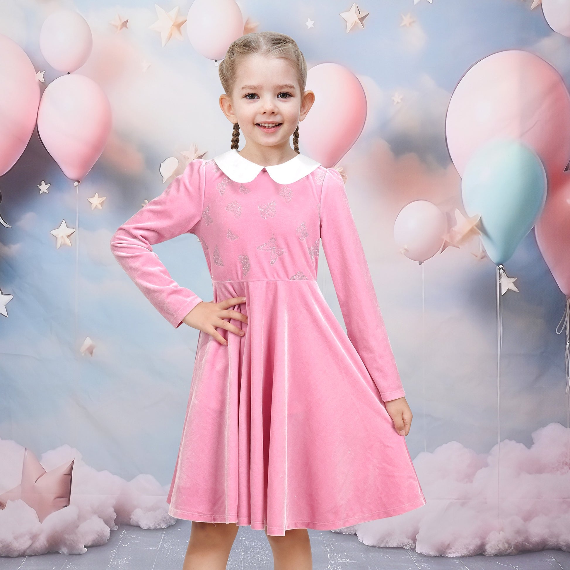 Girls Dress Pink Sequin Butterfly Vintage Long Sleeve Casual Warm Winter Pink