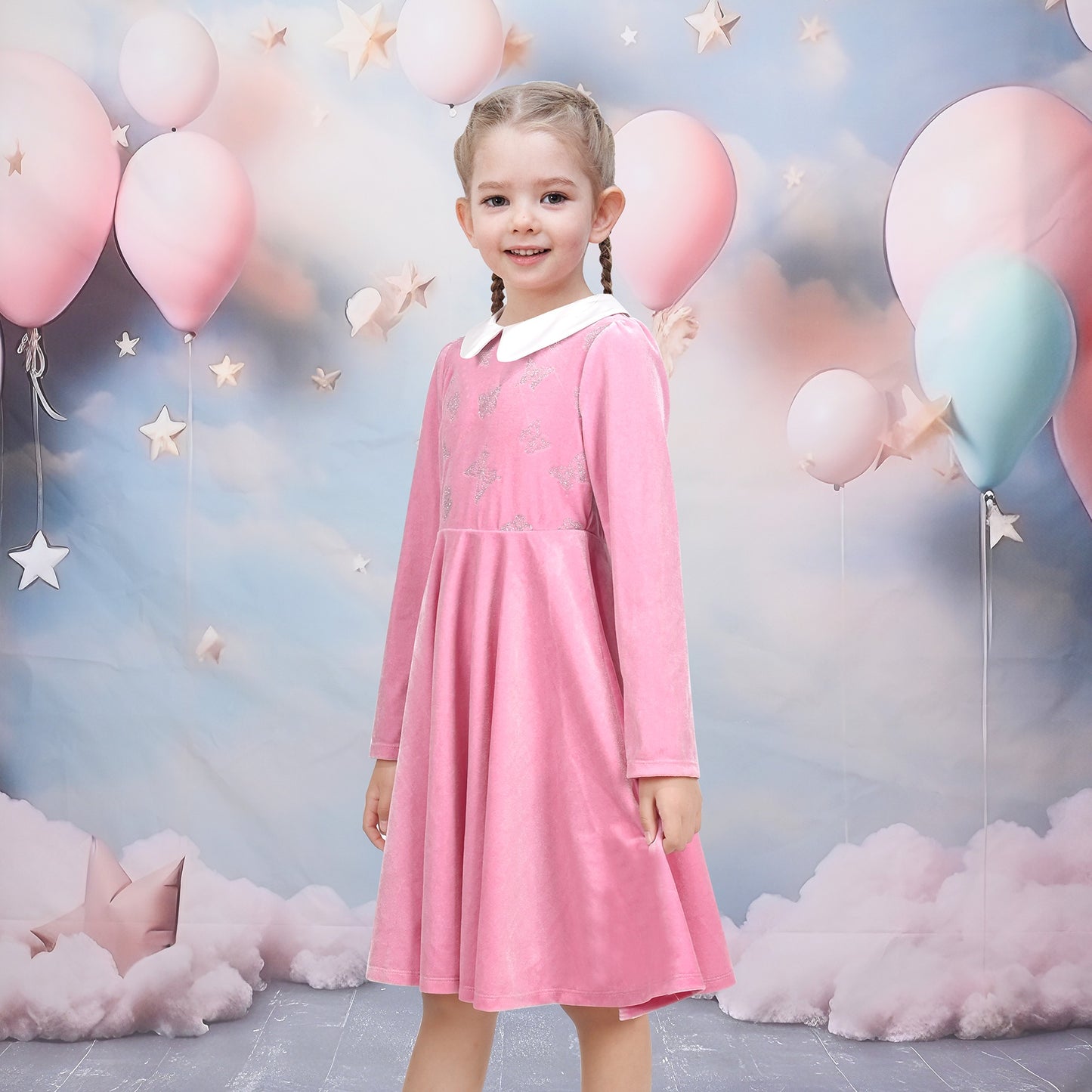Girls Dress Pink Sequin Butterfly Vintage Long Sleeve Casual Warm Winter Pink