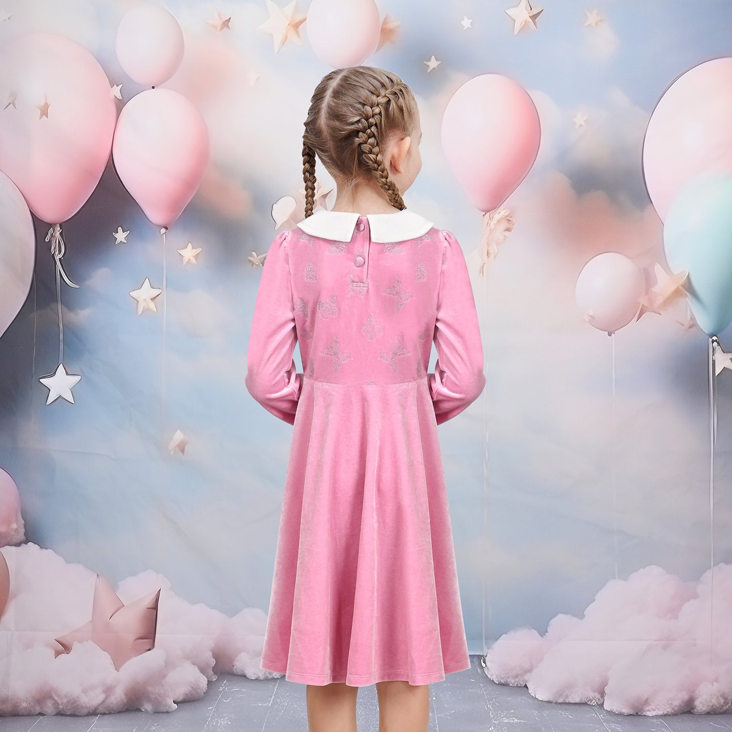 Girls Dress Pink Sequin Butterfly Vintage Long Sleeve Casual Warm Winter Pink