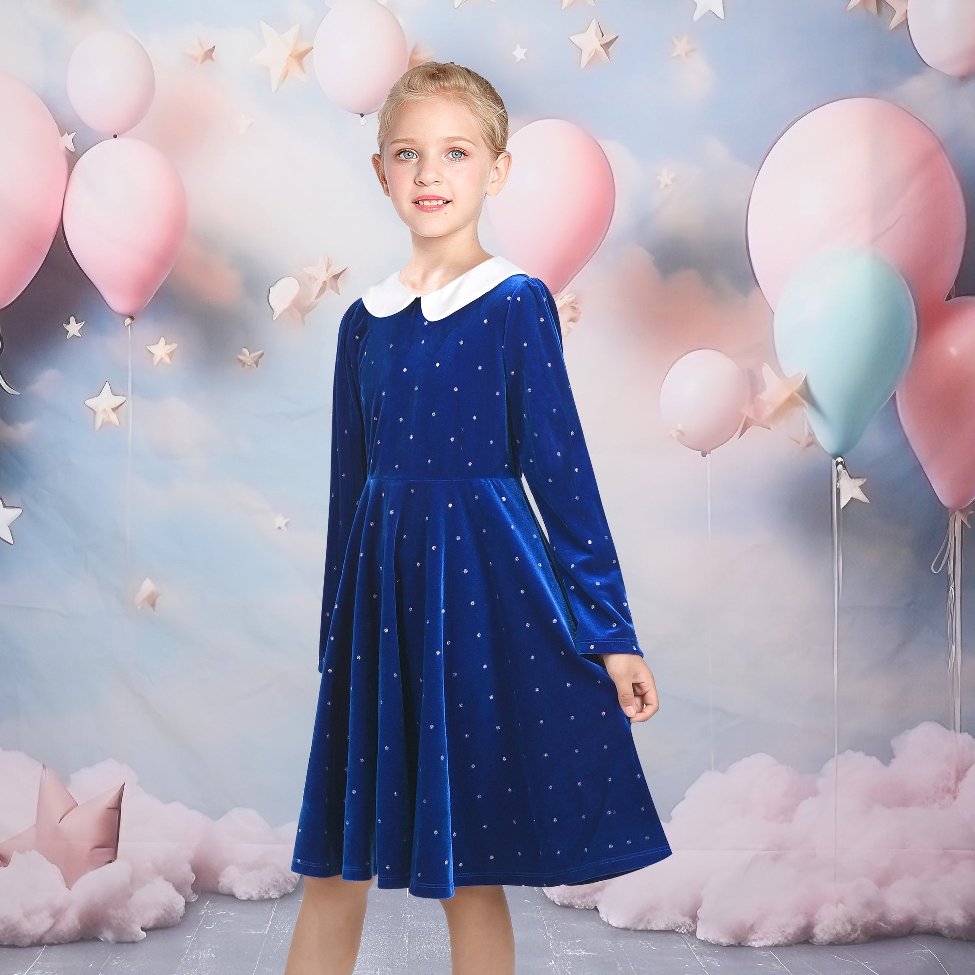 Girls Dress Pink Sequin Butterfly Vintage Long Sleeve Casual Warm Winter Blue
