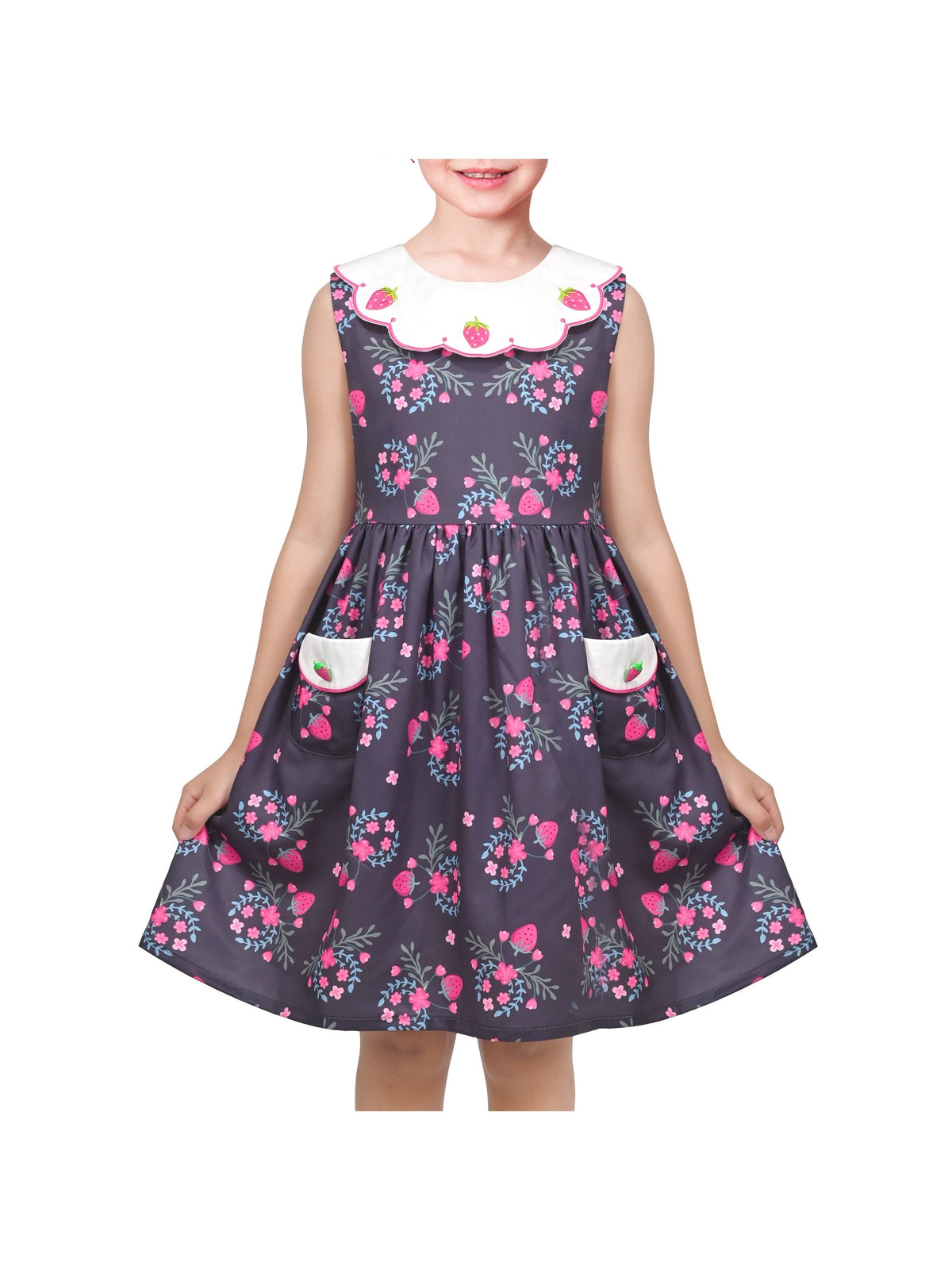 Girls Dress Floral Strawberry Embroidery Pocket Sleeveless Casual Party - Pink Strawberry