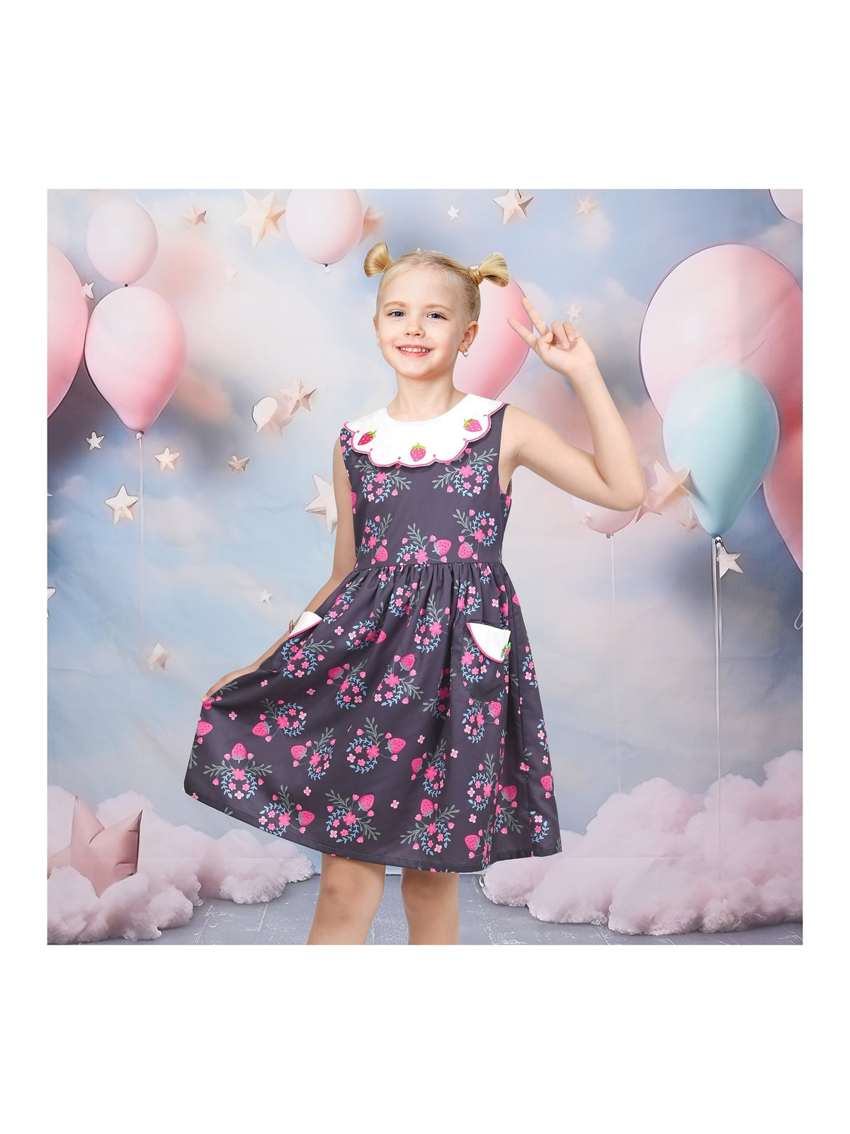 Girls Dress Floral Strawberry Embroidery Pocket Sleeveless Casual Party - Pink Strawberry