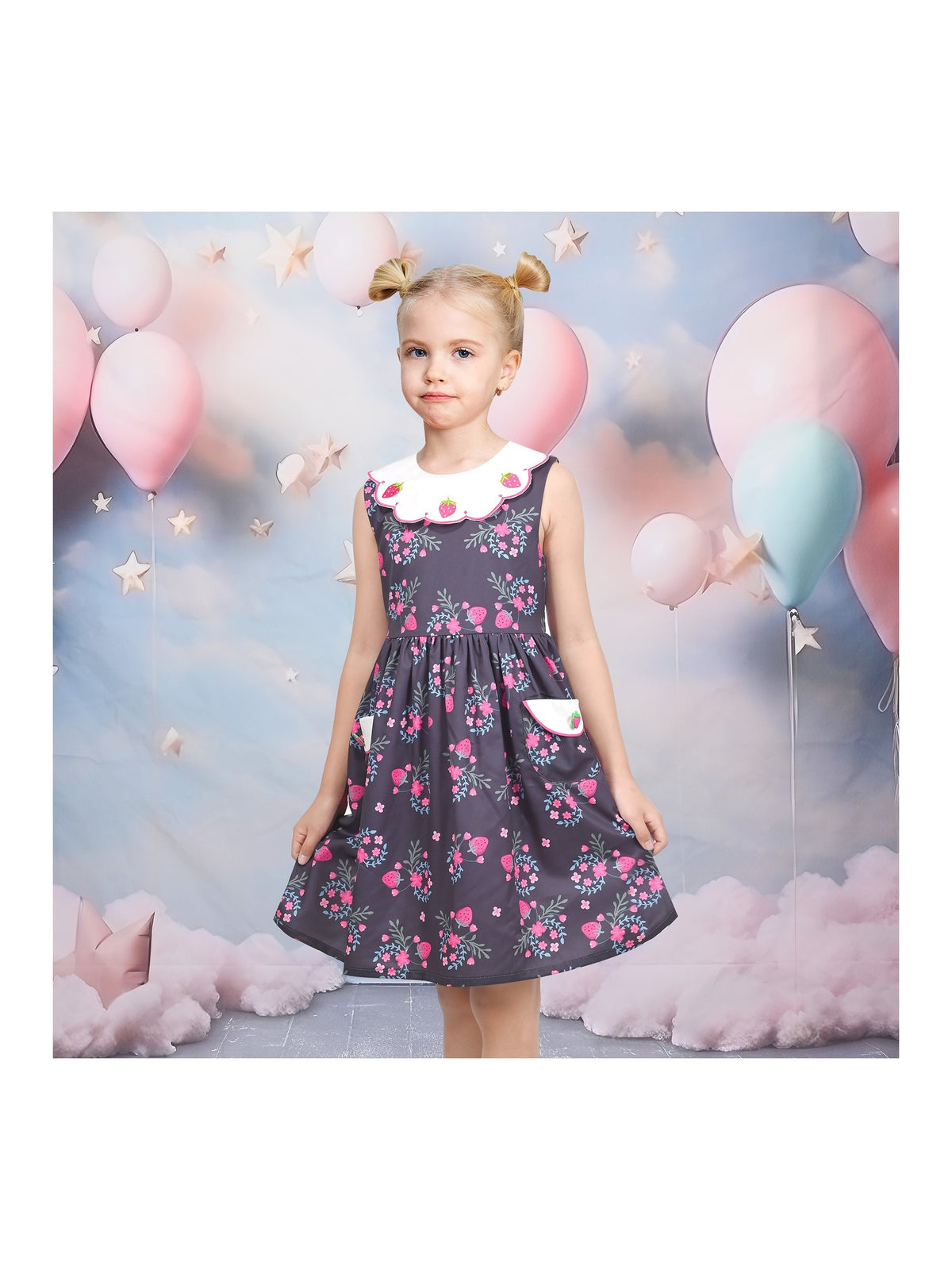 Girls Dress Floral Strawberry Embroidery Pocket Sleeveless Casual Party - Pink Strawberry