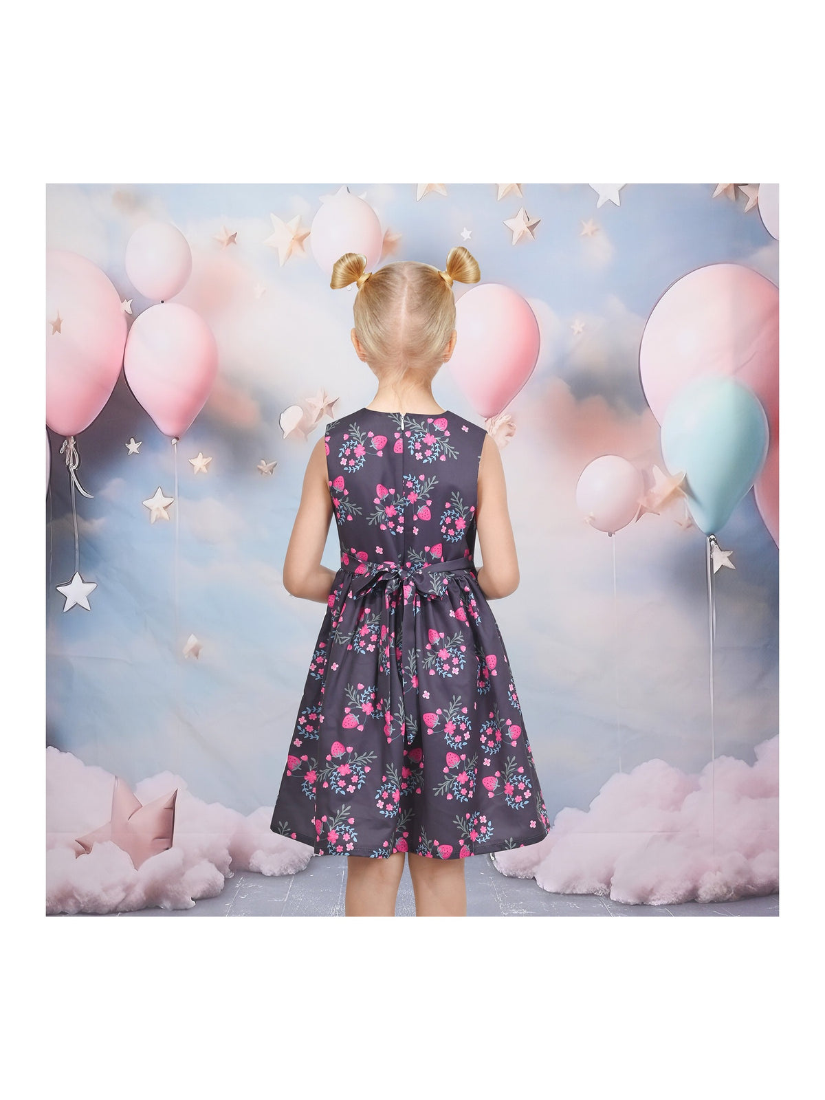 Girls Dress Floral Strawberry Embroidery Pocket Sleeveless Casual Party - Pink Strawberry