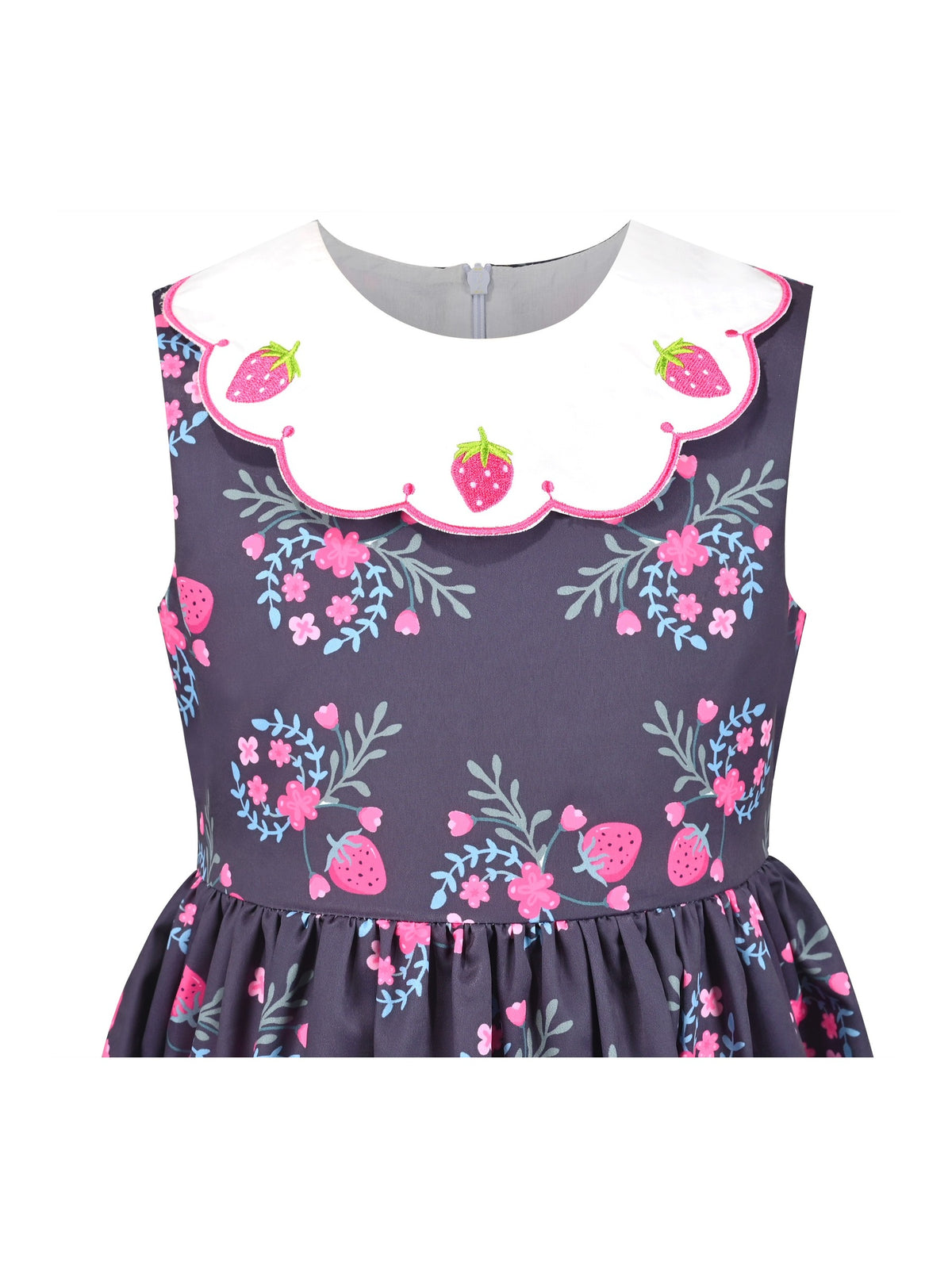Girls Dress Floral Strawberry Embroidery Pocket Sleeveless Casual Party - Pink Strawberry