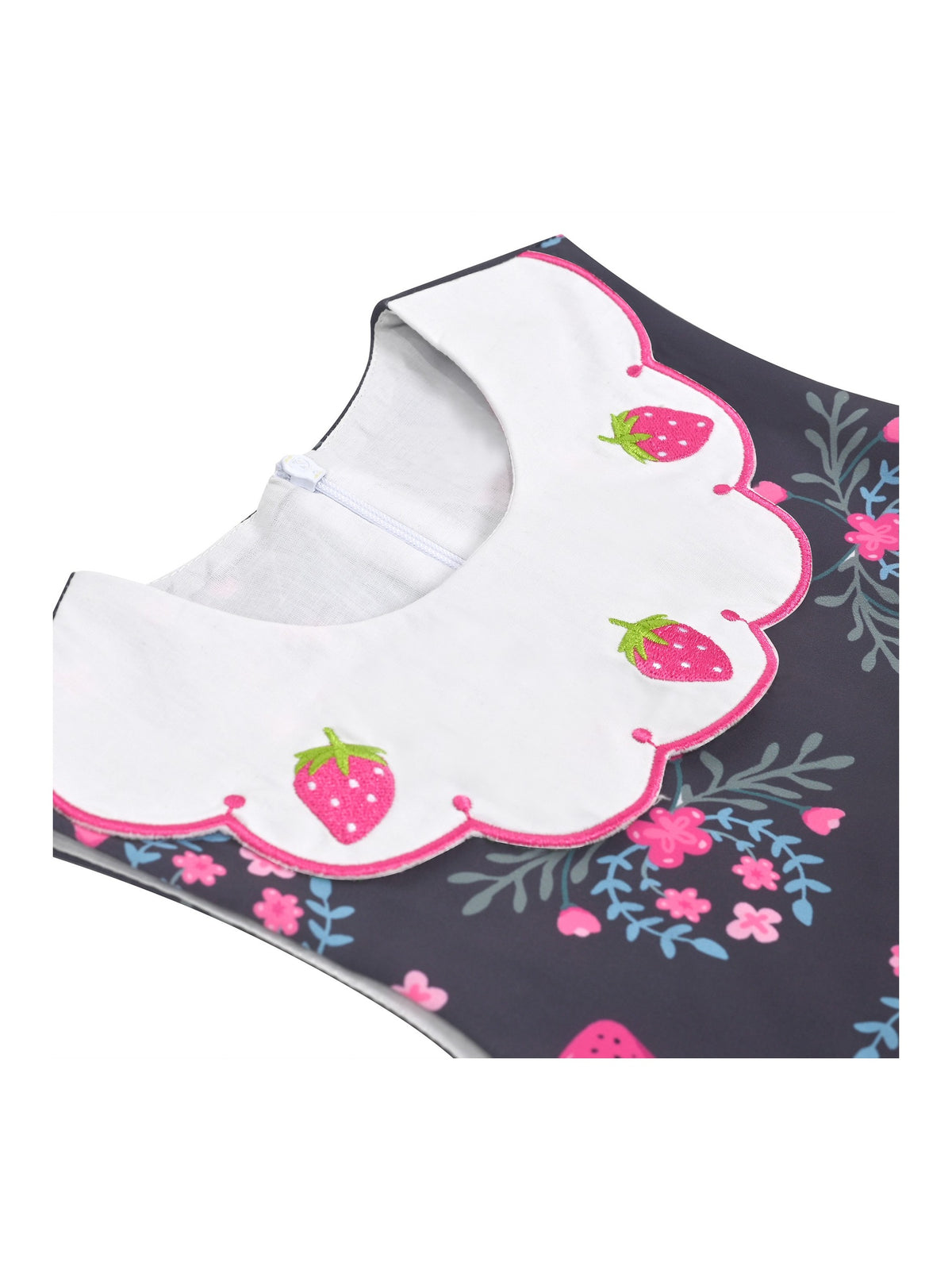 Girls Dress Floral Strawberry Embroidery Pocket Sleeveless Casual Party - Pink Strawberry