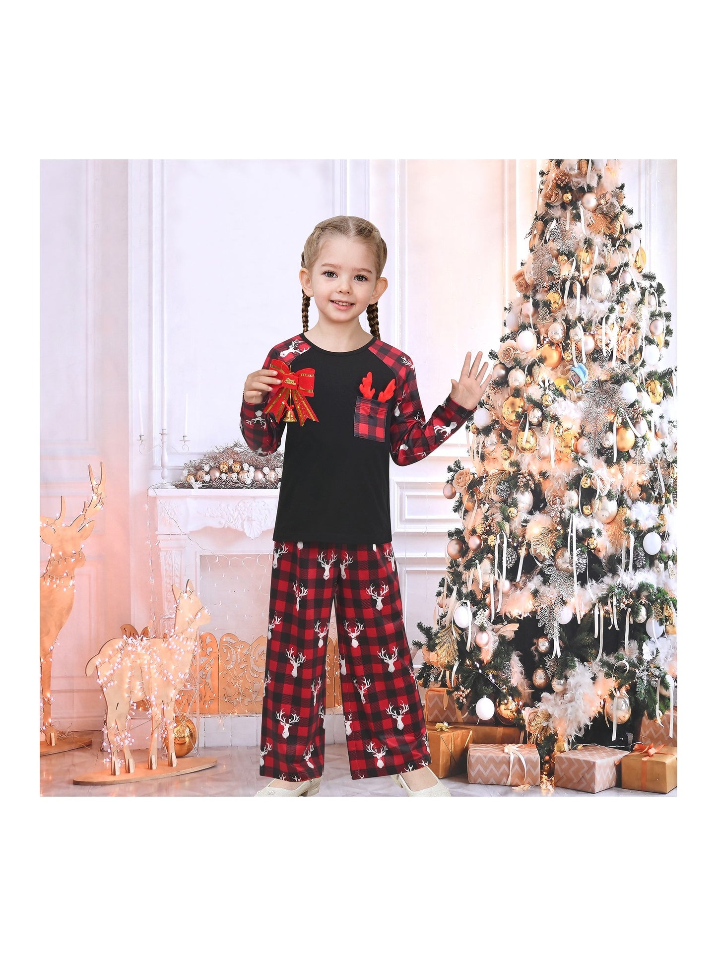 Girls Outfit Set 2 Piece Green Tee Striped Pants Christmas Santa Claus Red