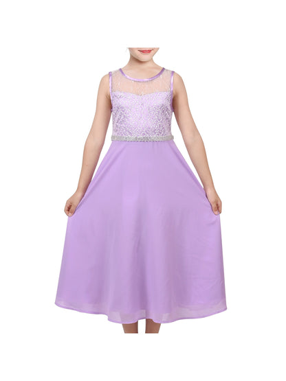 Girls Dress Deep Pink Chiffon Bridesmaid Dance Ball Maxi Gown - Purple