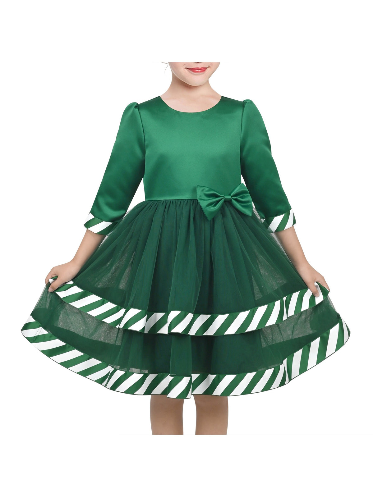 Girls Dress White Halloween Square Collar Layer Skirt Puff Short Sleeve - Green