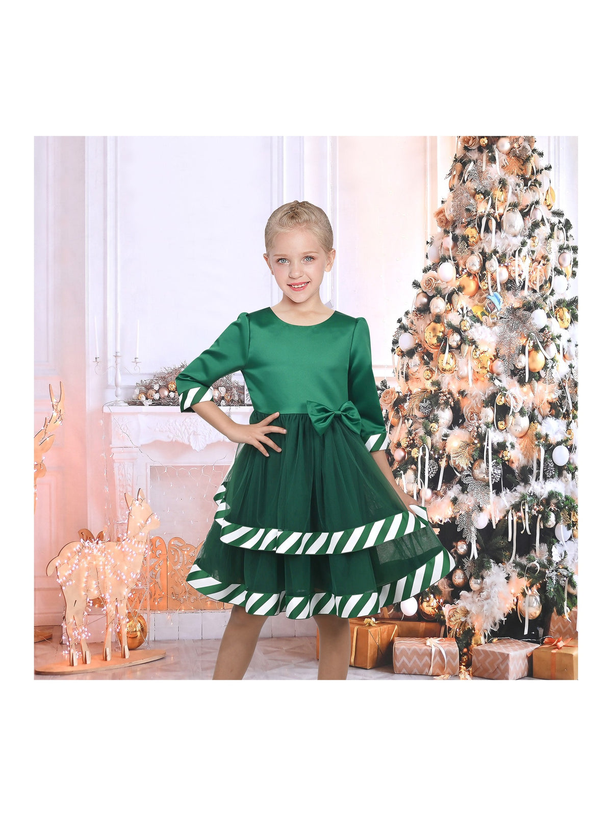 Girls Dress White Halloween Square Collar Layer Skirt Puff Short Sleeve - Green