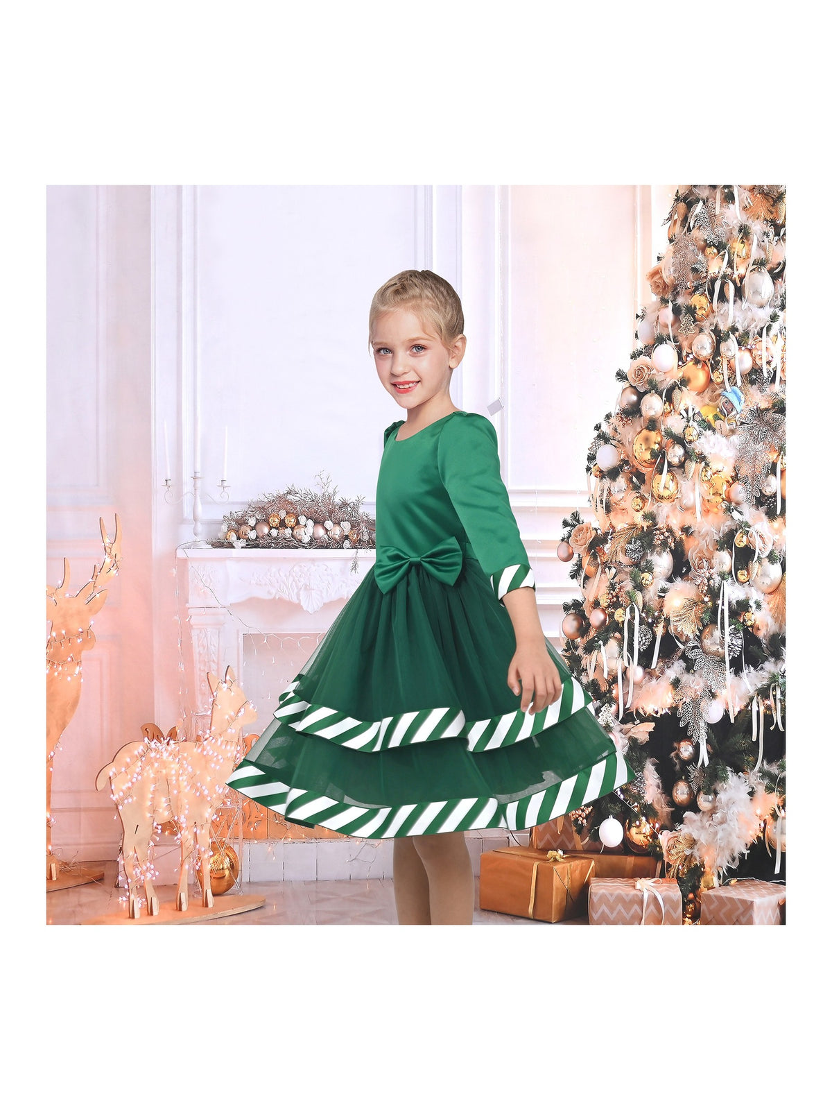 Girls Dress White Halloween Square Collar Layer Skirt Puff Short Sleeve - Green