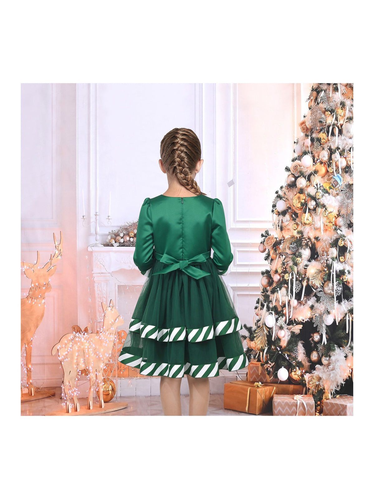 Girls Dress White Halloween Square Collar Layer Skirt Puff Short Sleeve - Green