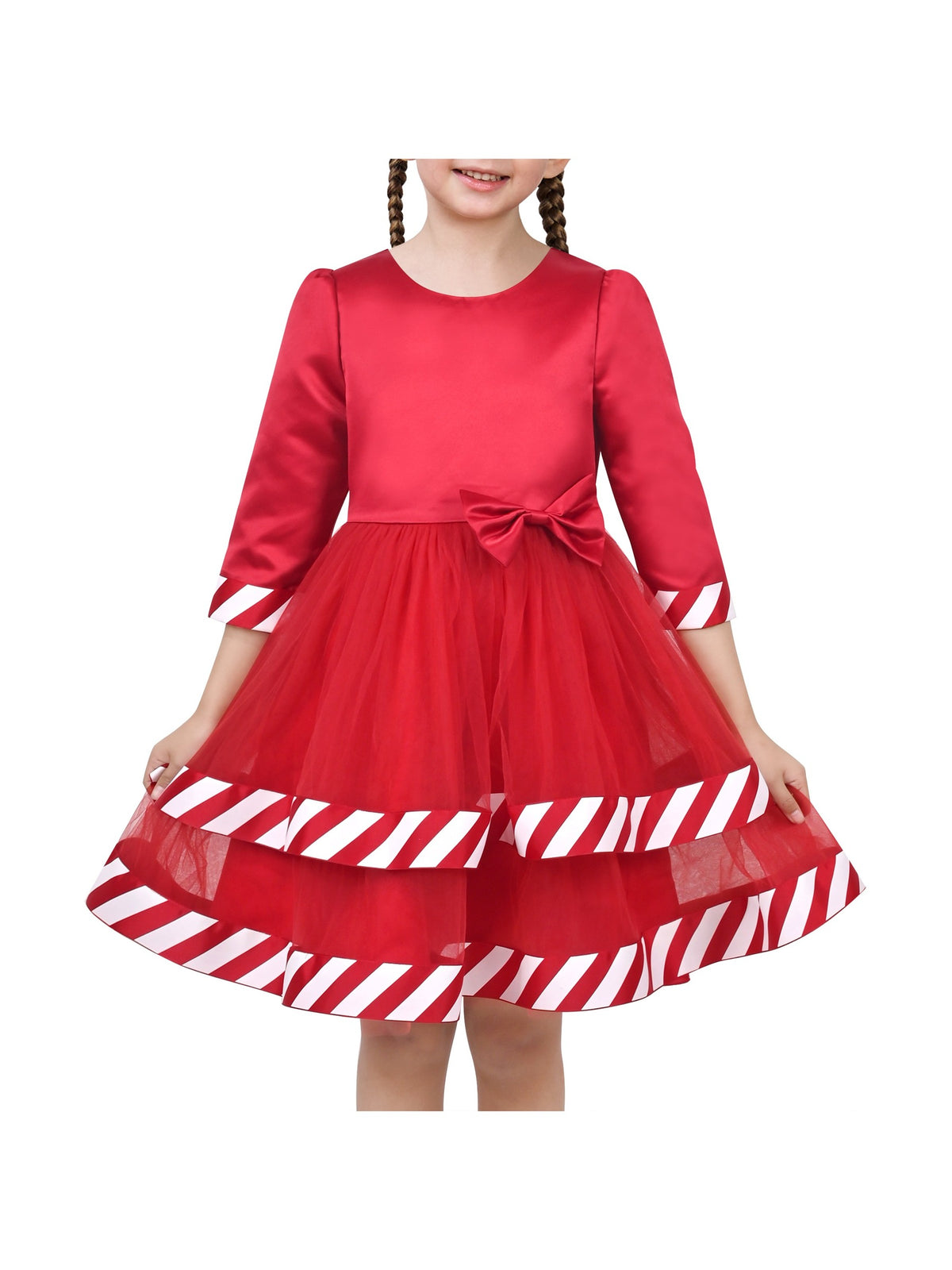 Girls Dress White Halloween Square Collar Layer Skirt Puff Short Sleeve - Red