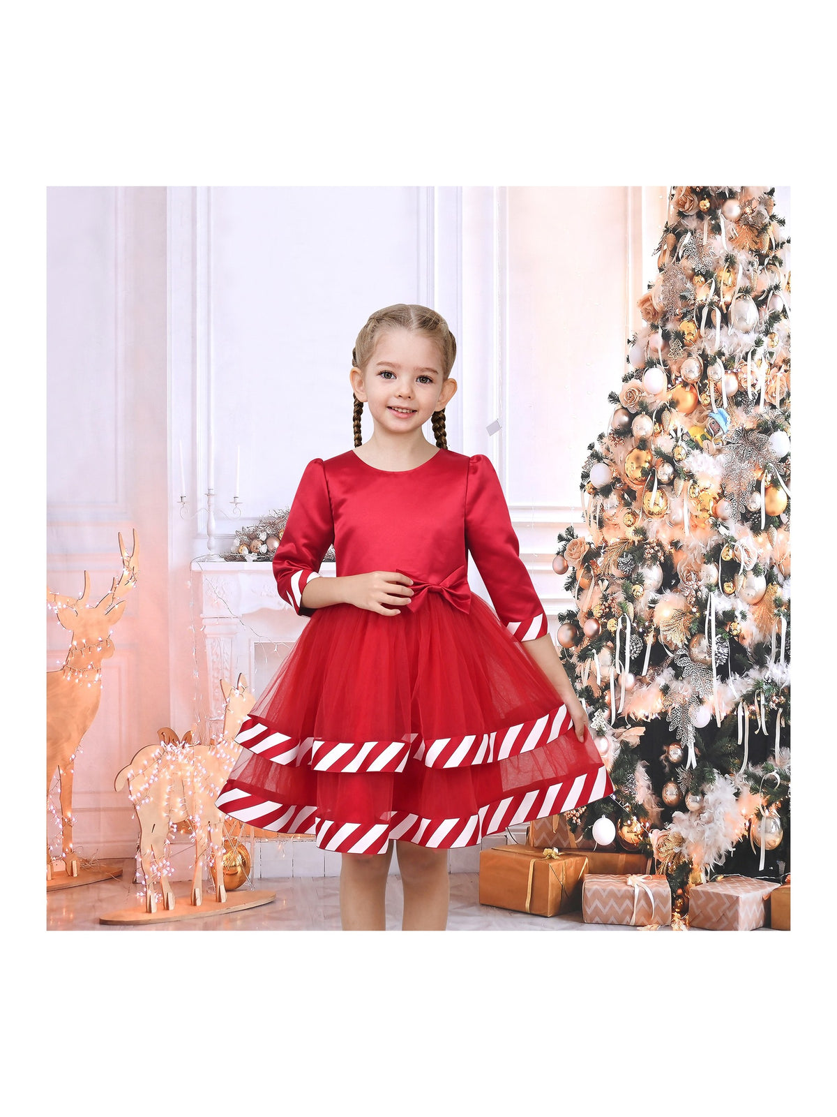 Girls Dress White Halloween Square Collar Layer Skirt Puff Short Sleeve - Red