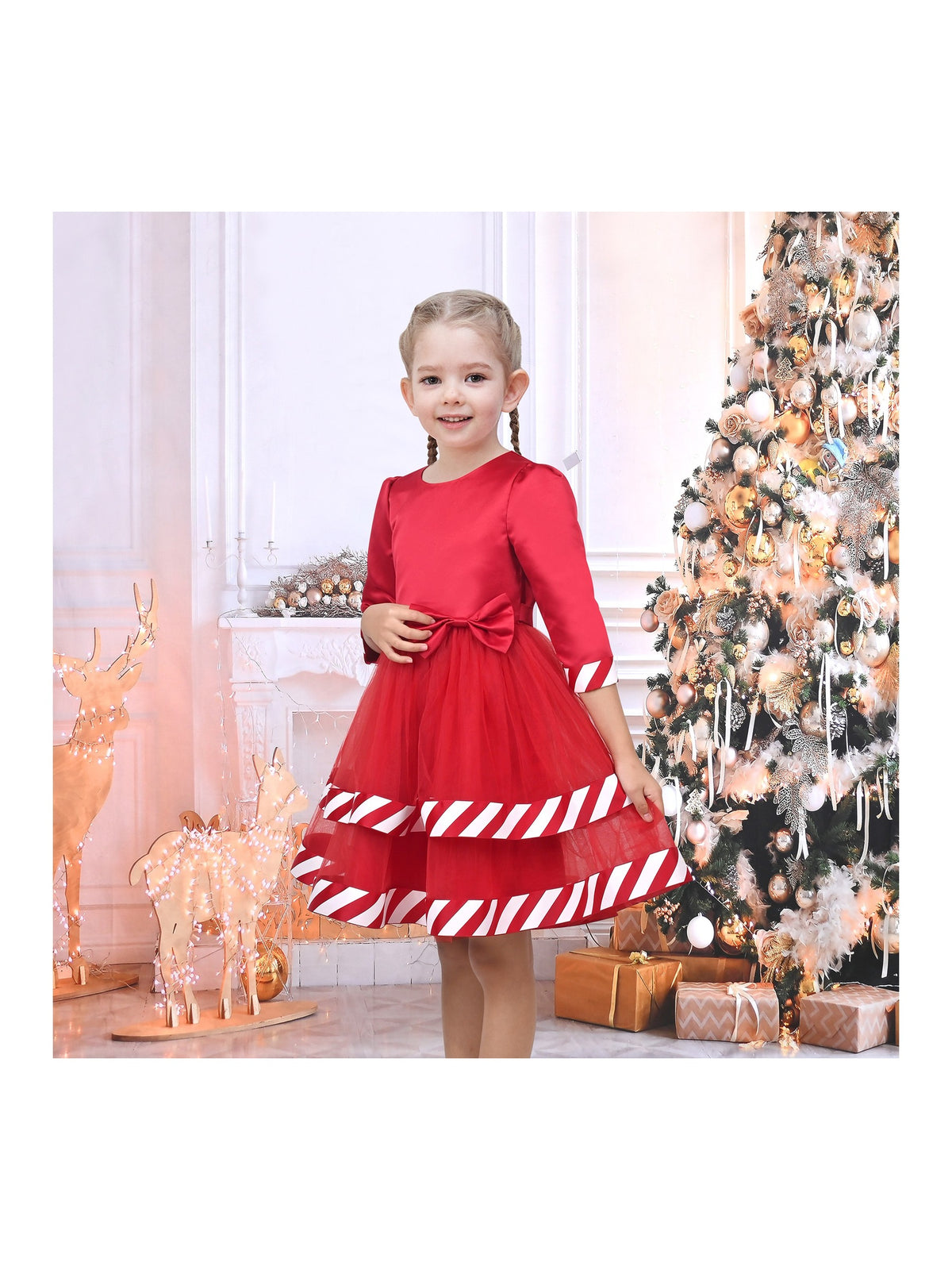 Girls Dress White Halloween Square Collar Layer Skirt Puff Short Sleeve - Red