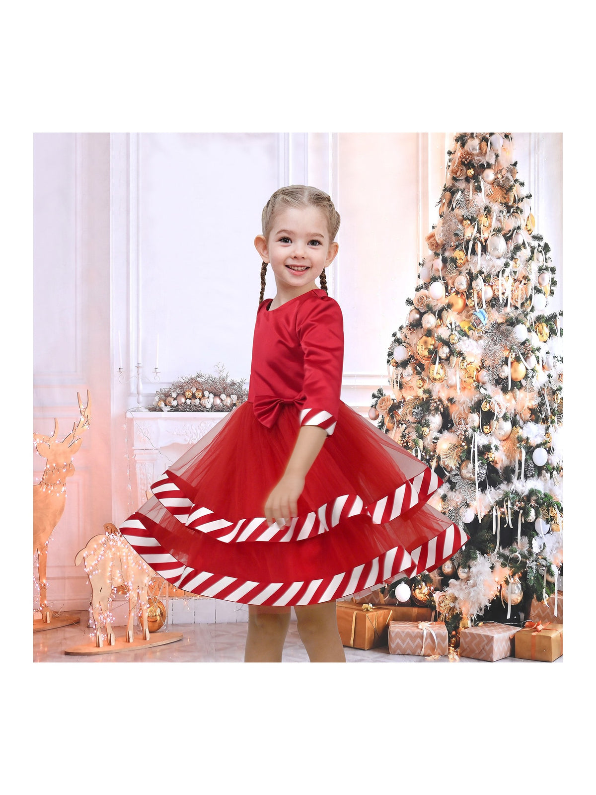 Girls Dress White Halloween Square Collar Layer Skirt Puff Short Sleeve - Red
