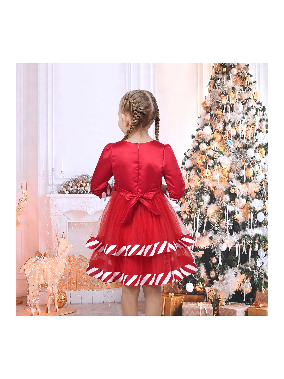 Girls Dress White Halloween Square Collar Layer Skirt Puff Short Sleeve - Red