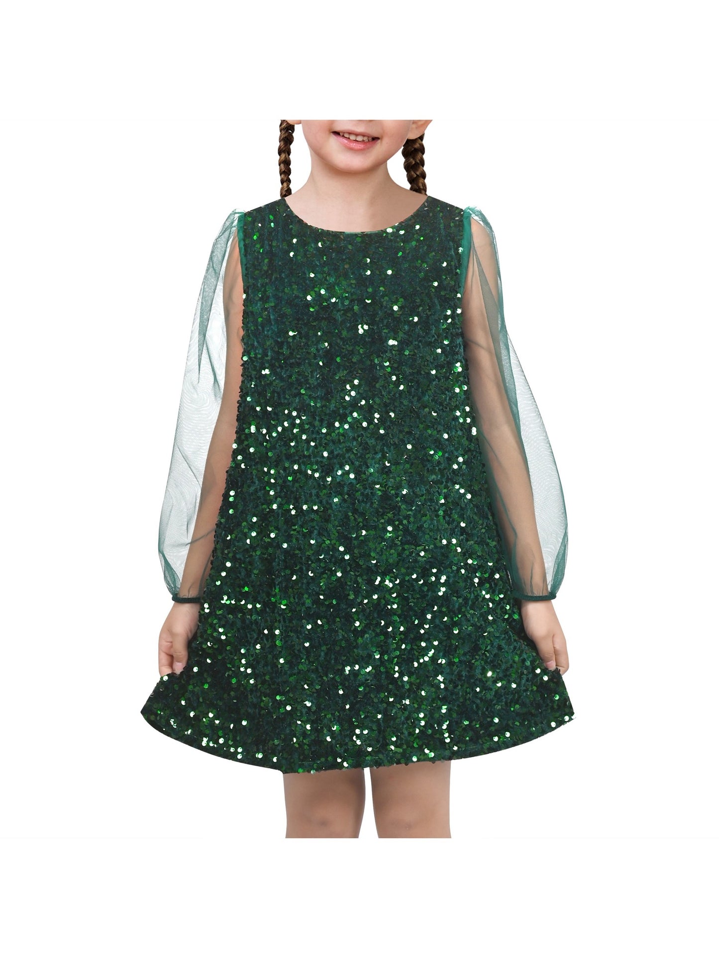 Girls Dress Black Sequin Sheer Mesh Long Sleeve Party Elegant Ball Gown Green