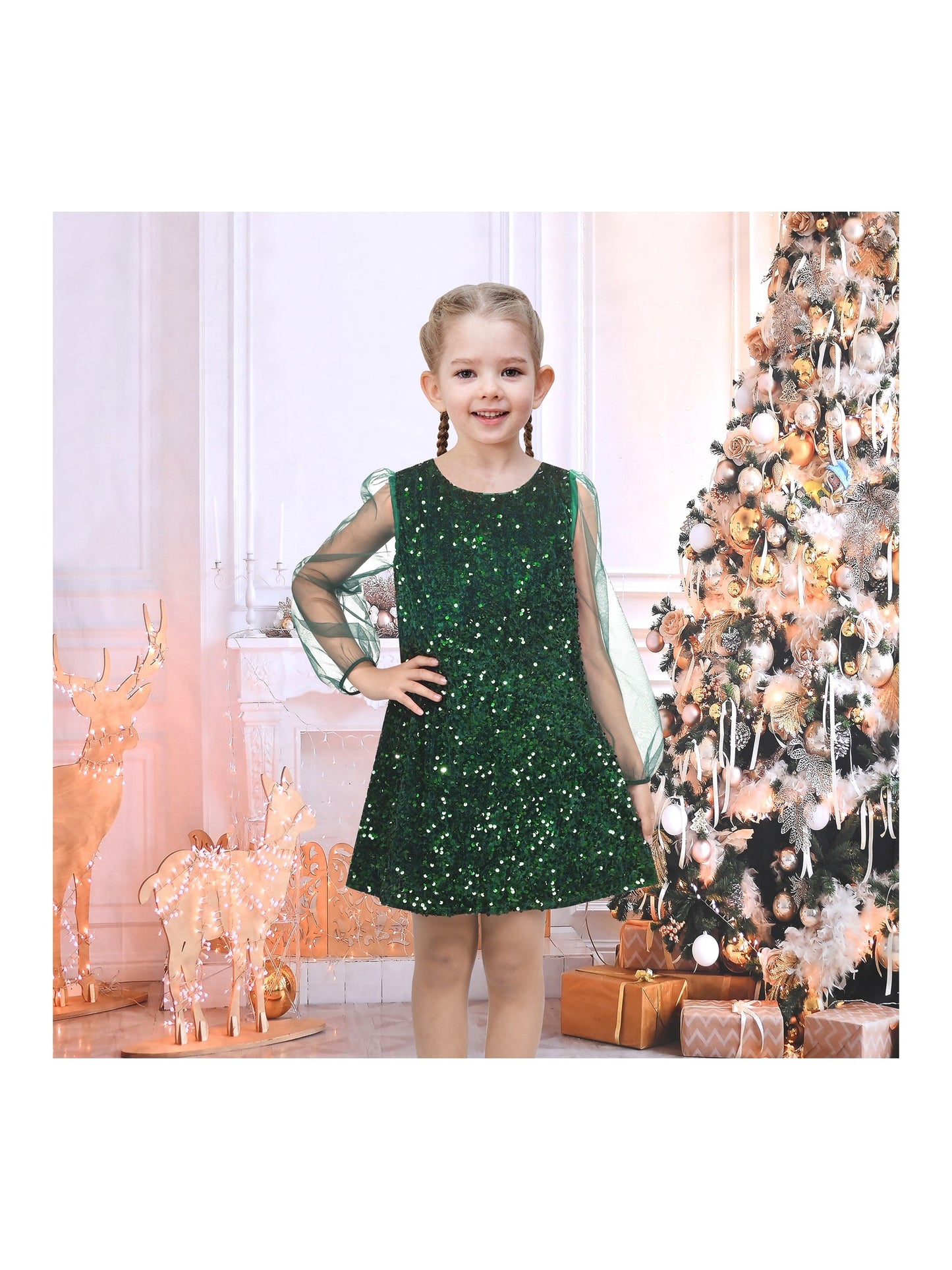 Girls Dress Black Sequin Sheer Mesh Long Sleeve Party Elegant Ball Gown Green