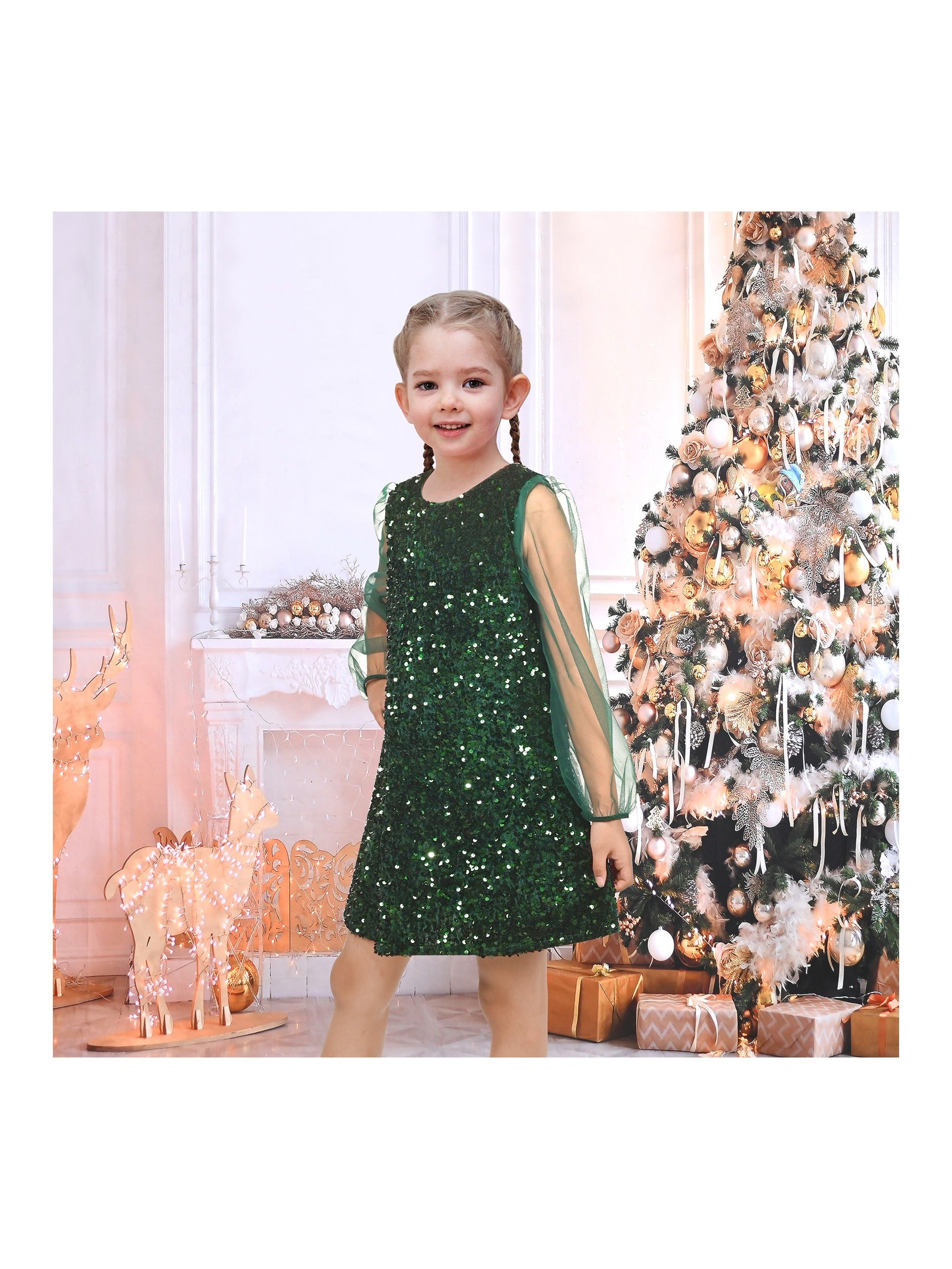 Girls Dress Black Sequin Sheer Mesh Long Sleeve Party Elegant Ball Gown Green