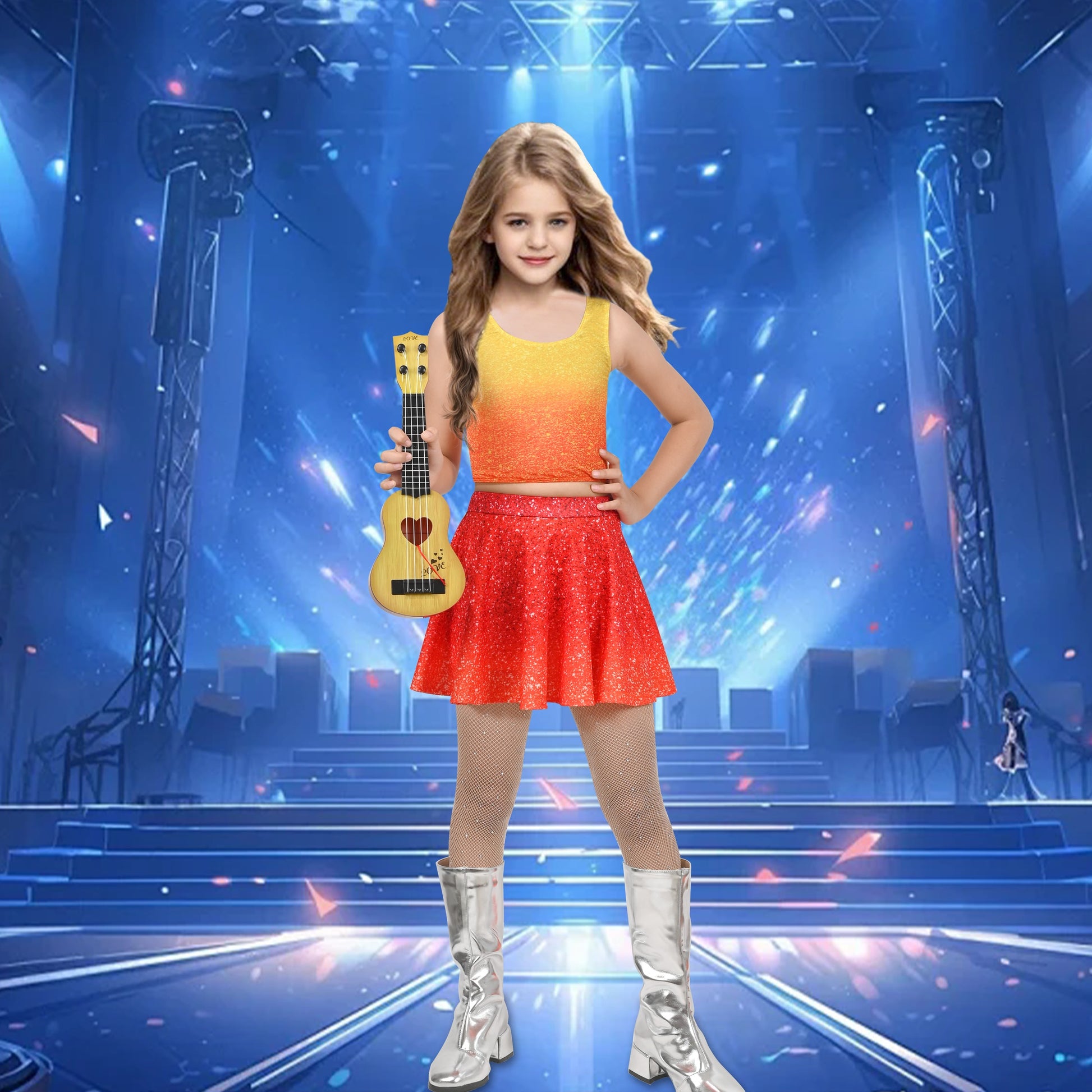 Girls 2 Piece Set Sleeveless Top Blue Sparkle Gradient Skirt Dance Jazz Orange