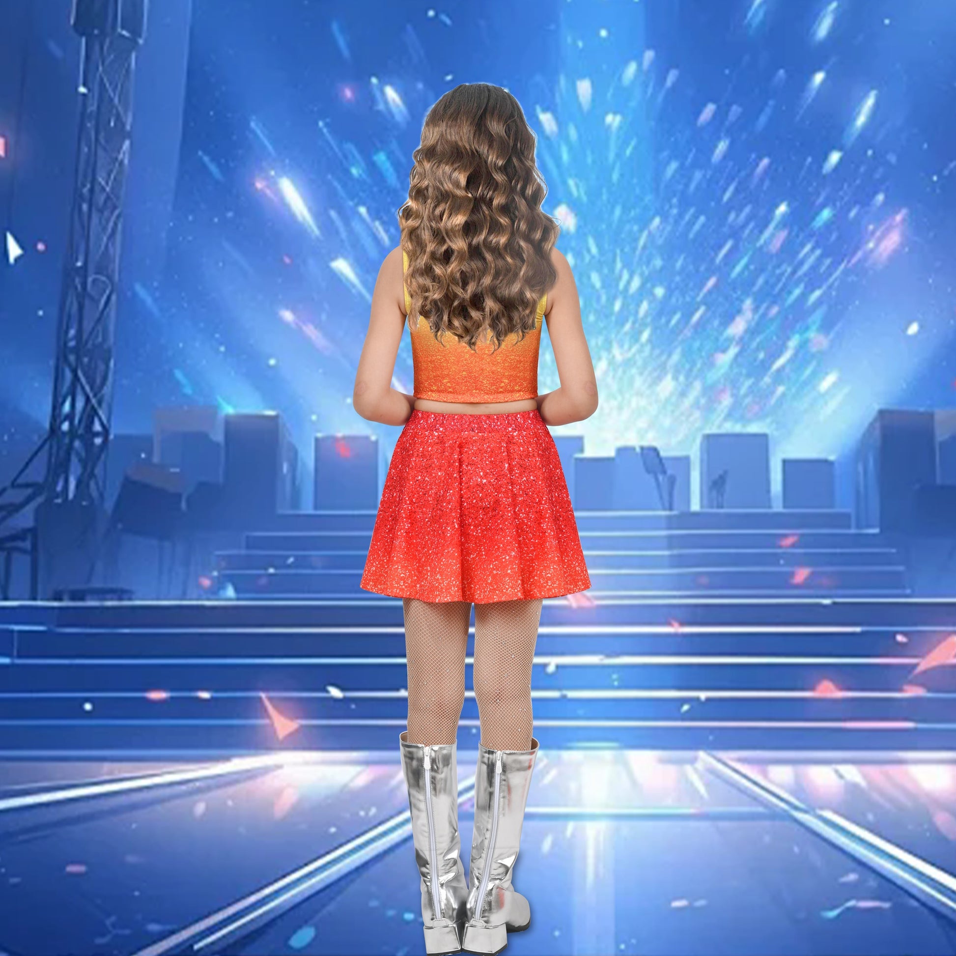 Girls 2 Piece Set Sleeveless Top Blue Sparkle Gradient Skirt Dance Jazz Orange