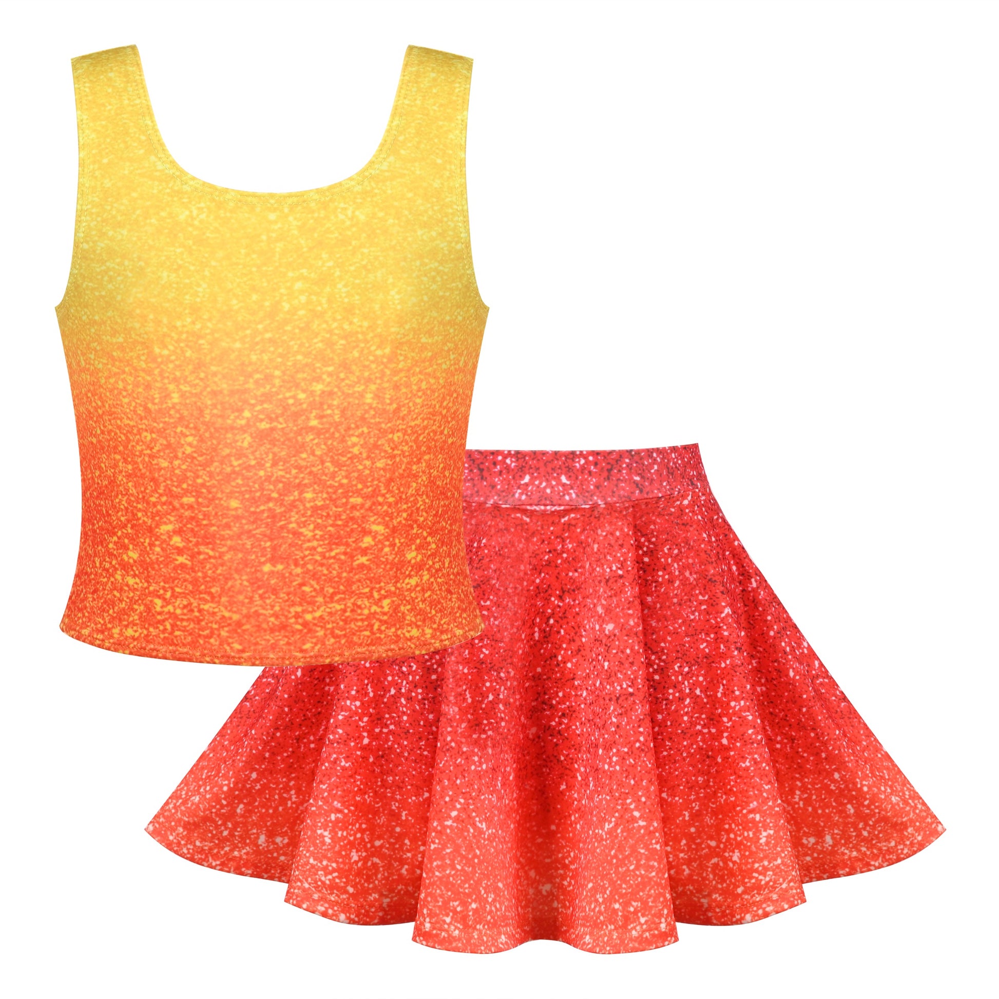 Girls 2 Piece Set Sleeveless Top Blue Sparkle Gradient Skirt Dance Jazz Orange