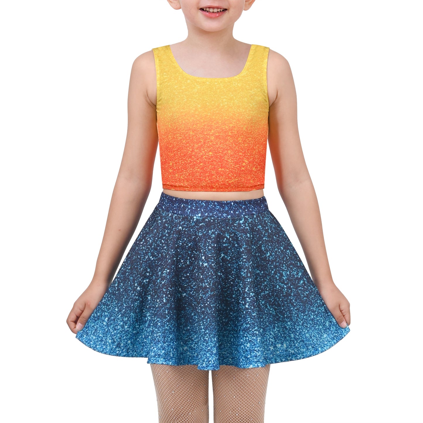 Girls 2 Piece Set Sleeveless Top Blue Sparkle Gradient Skirt Dance Jazz Blue