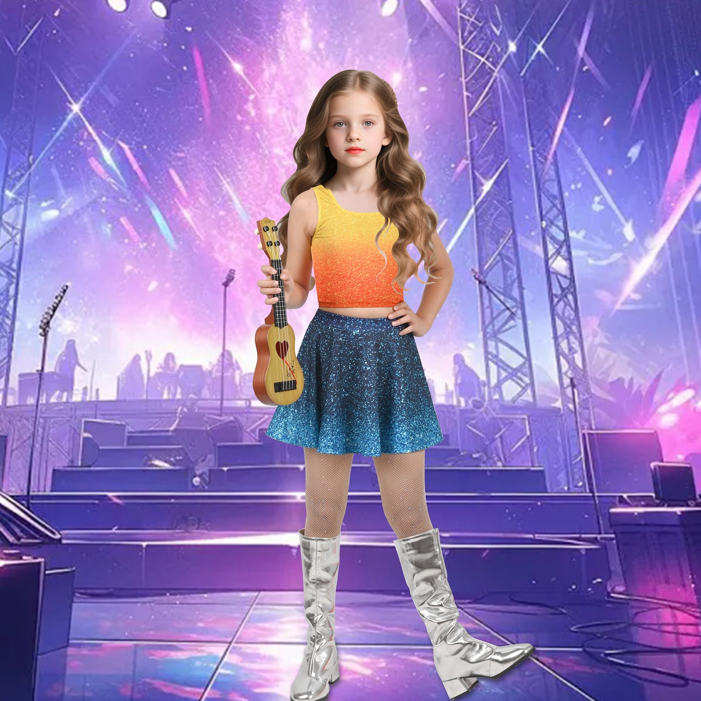 Girls 2 Piece Set Sleeveless Top Blue Sparkle Gradient Skirt Dance Jazz Blue