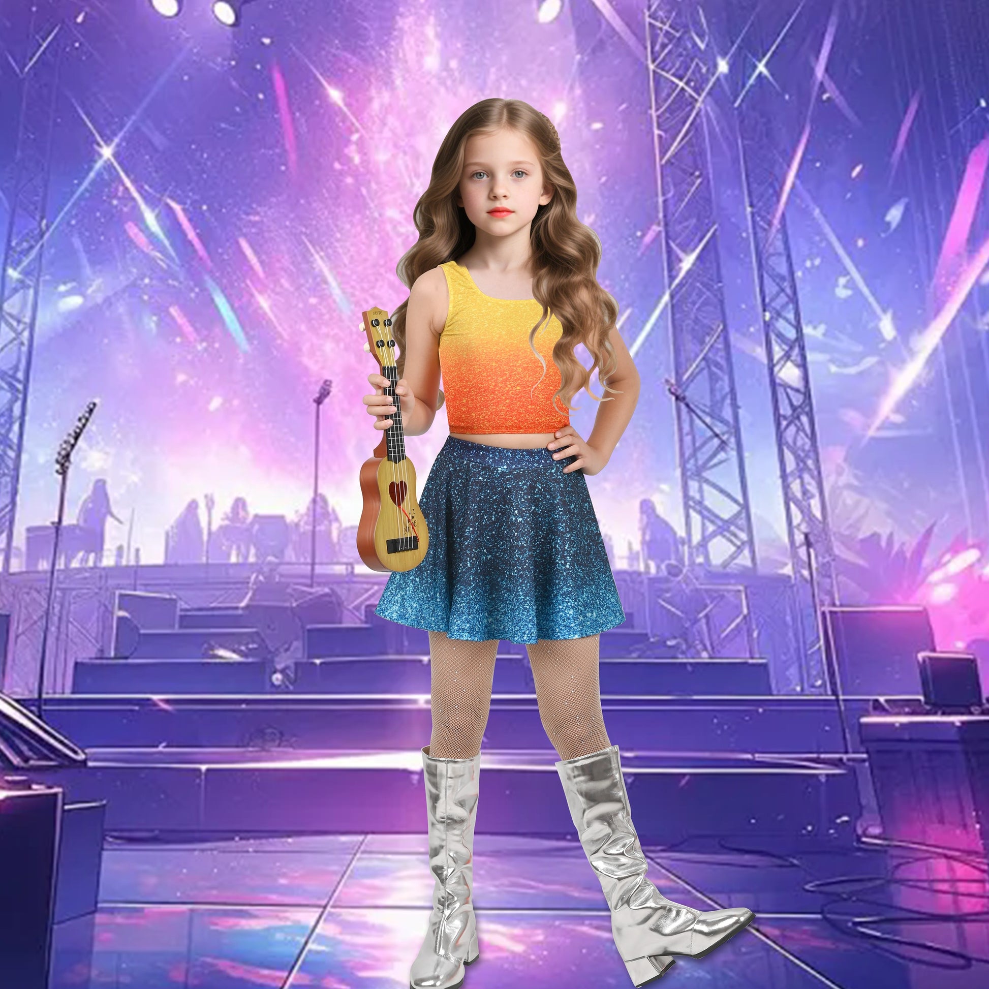 Girls 2 Piece Set Sleeveless Top Blue Sparkle Gradient Skirt Dance Jazz Blue