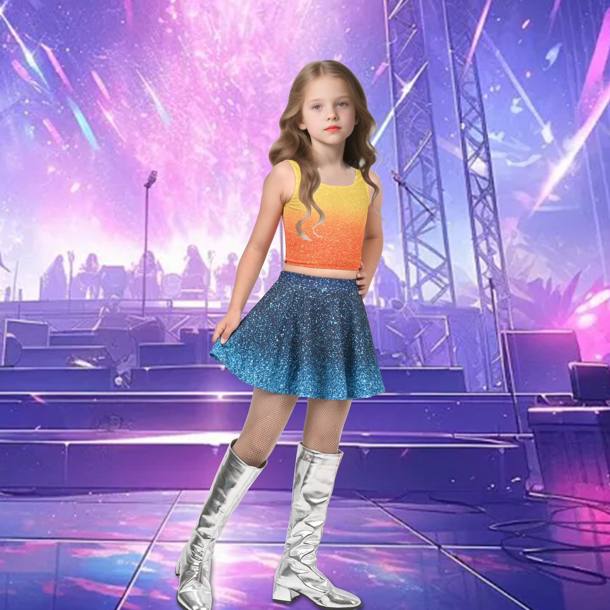 Girls 2 Piece Set Sleeveless Top Blue Sparkle Gradient Skirt Dance Jazz Blue