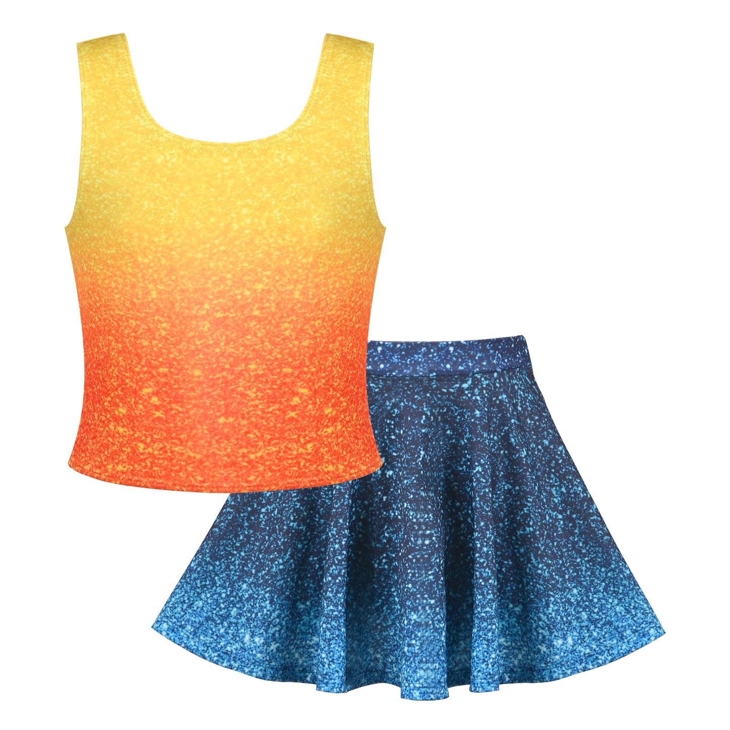 Girls 2 Piece Set Sleeveless Top Blue Sparkle Gradient Skirt Dance Jazz Blue