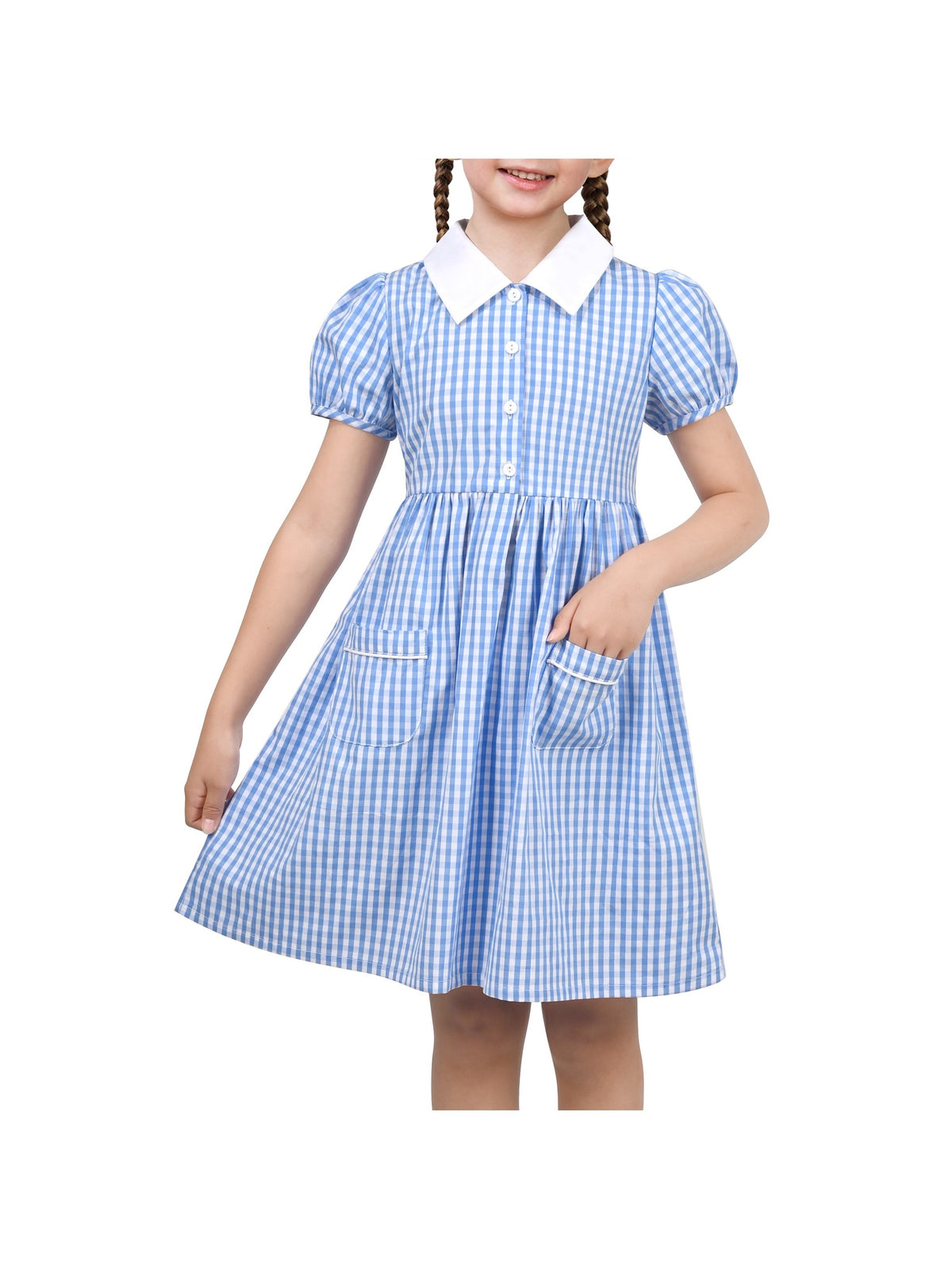 Girls Dress Black Bow Tie Belt School Uniform Front Button Short Sleeves - Sky Blue Plaid