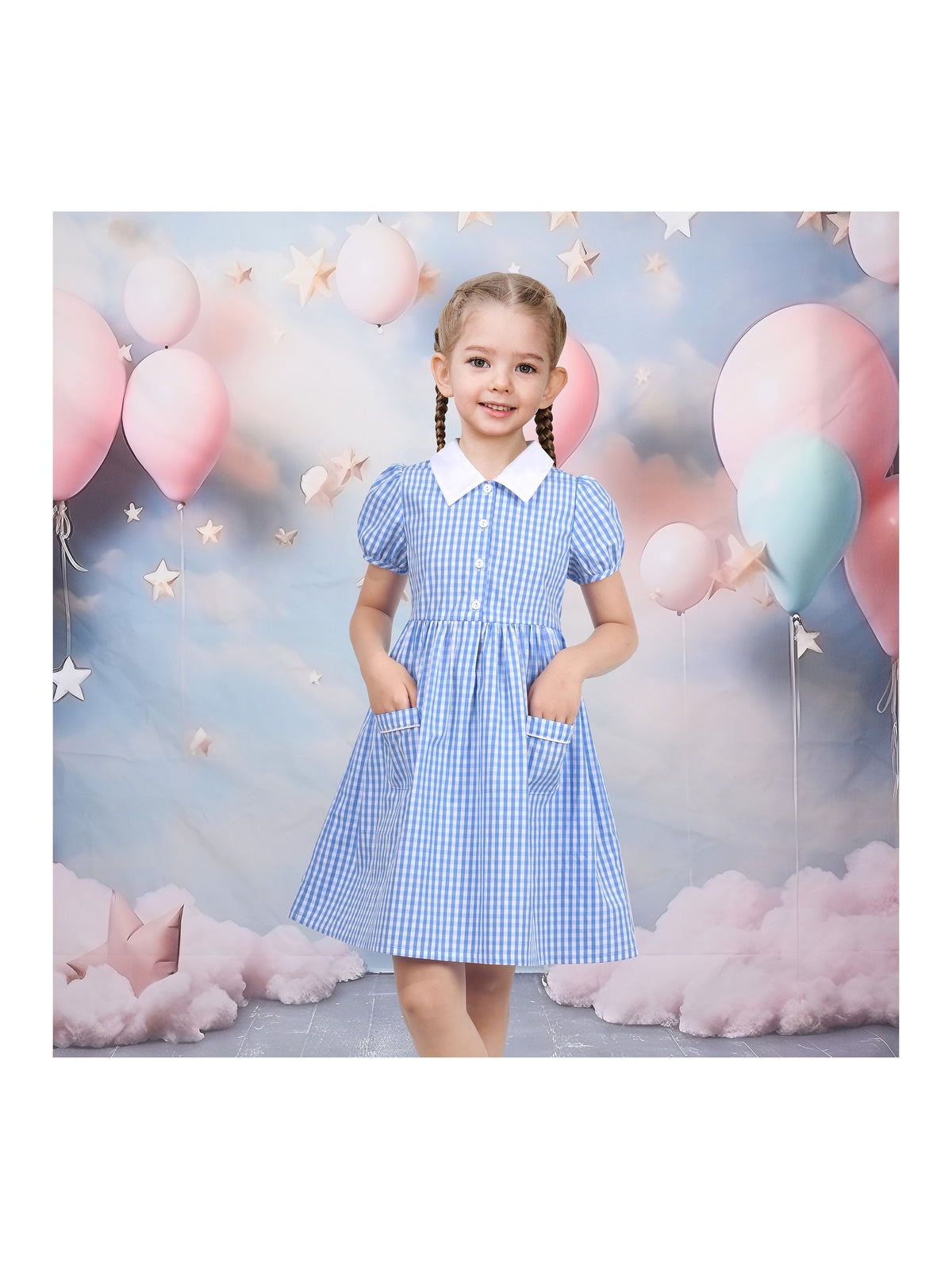Girls Dress Black Bow Tie Belt School Uniform Front Button Short Sleeves - Sky Blue Plaid