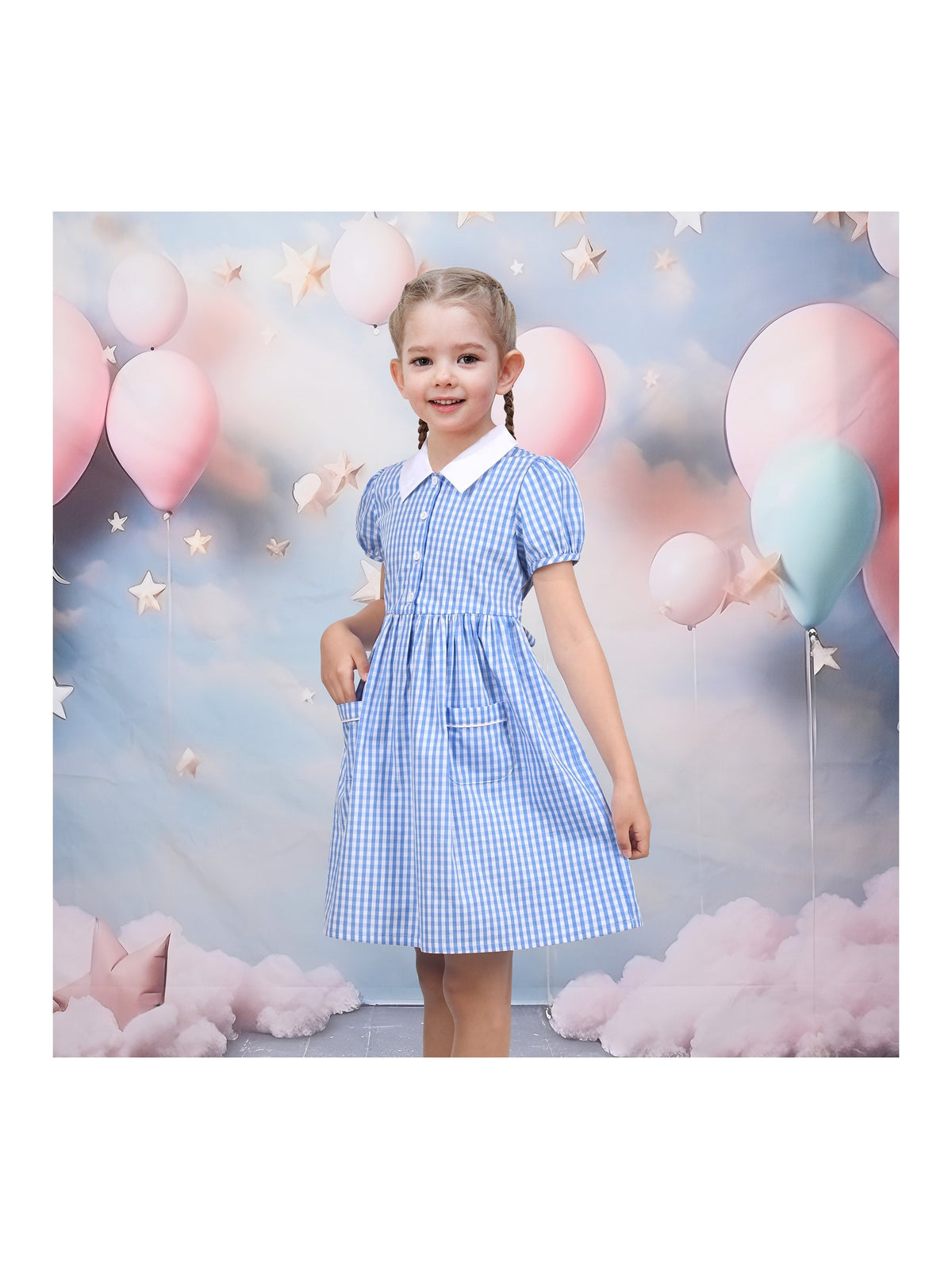 Girls Dress Black Bow Tie Belt School Uniform Front Button Short Sleeves - Sky Blue Plaid