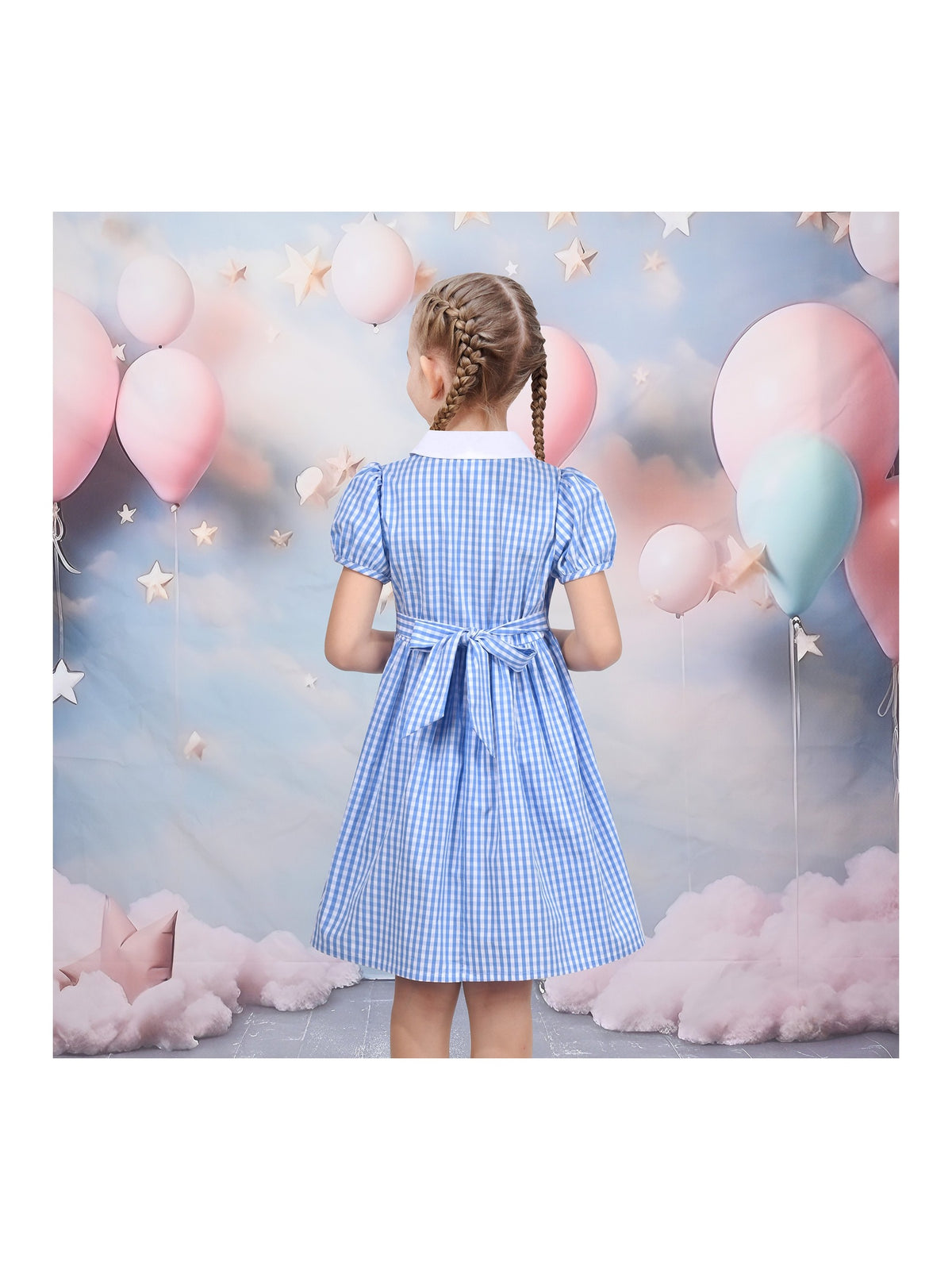 Girls Dress Black Bow Tie Belt School Uniform Front Button Short Sleeves - Sky Blue Plaid