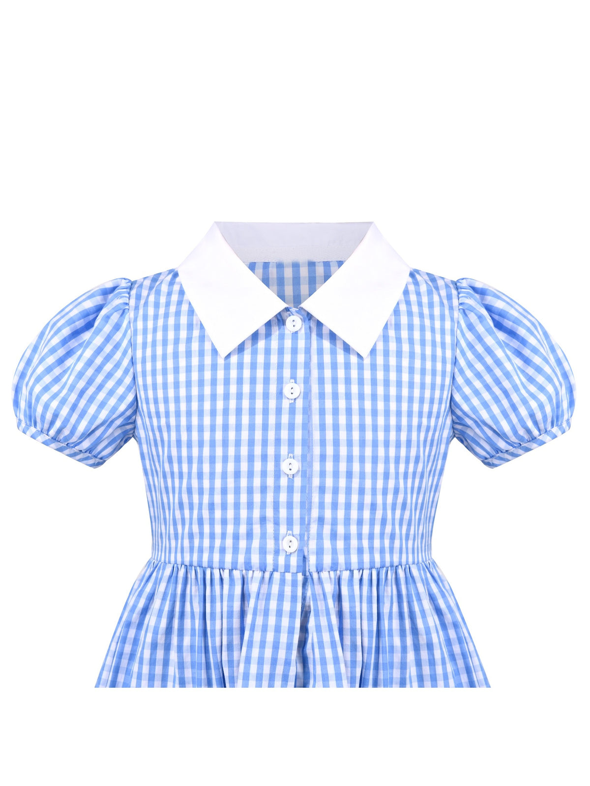 Girls Dress Black Bow Tie Belt School Uniform Front Button Short Sleeves - Sky Blue Plaid