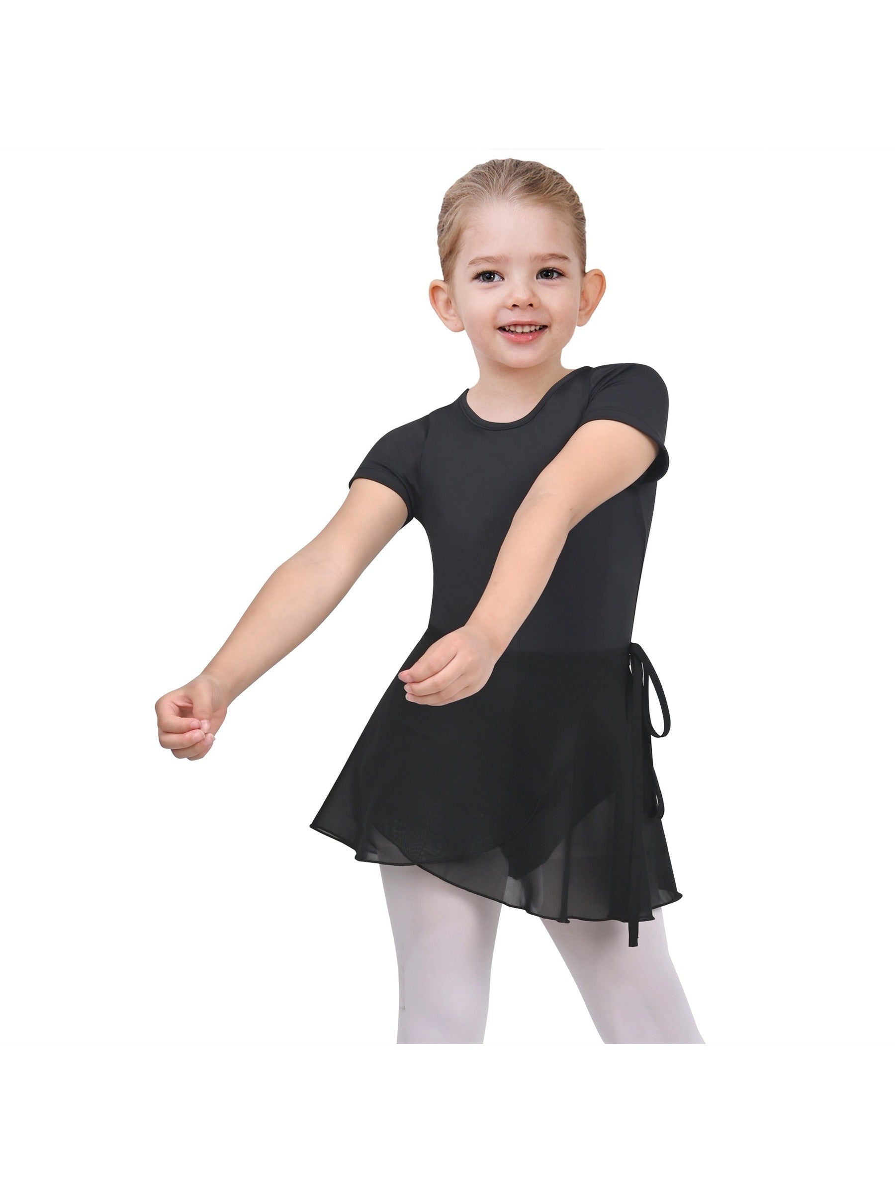 Girls Dress 2 Piece Set Pink Wrap Style Ballet Basic Leotard Short Sleeve Black