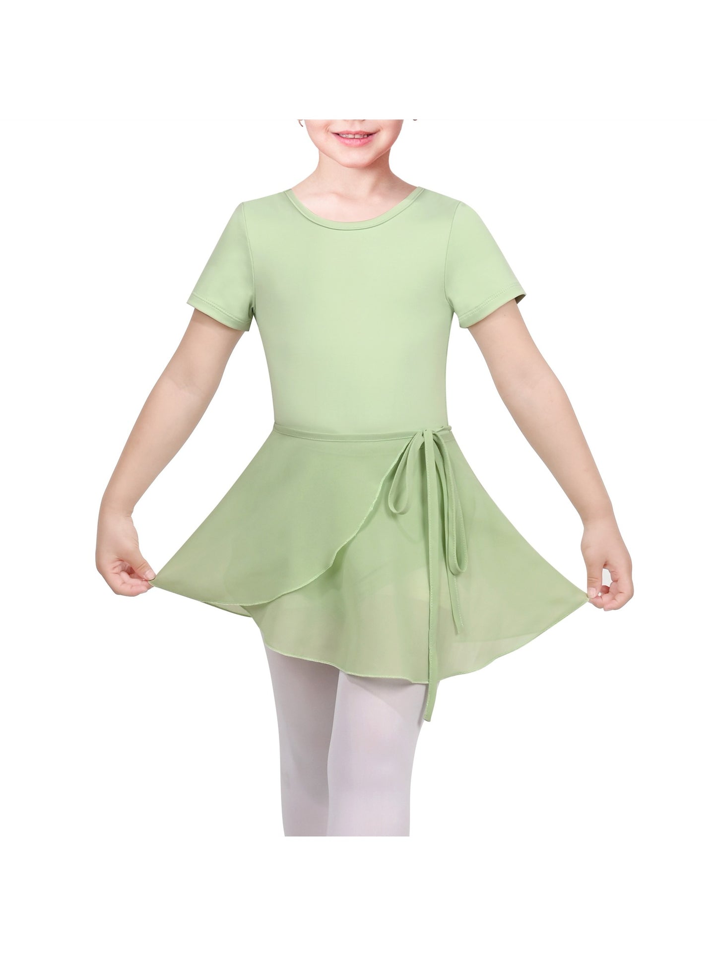 Girls Dress 2 Piece Set Pink Wrap Style Ballet Basic Leotard Short Sleeve Green