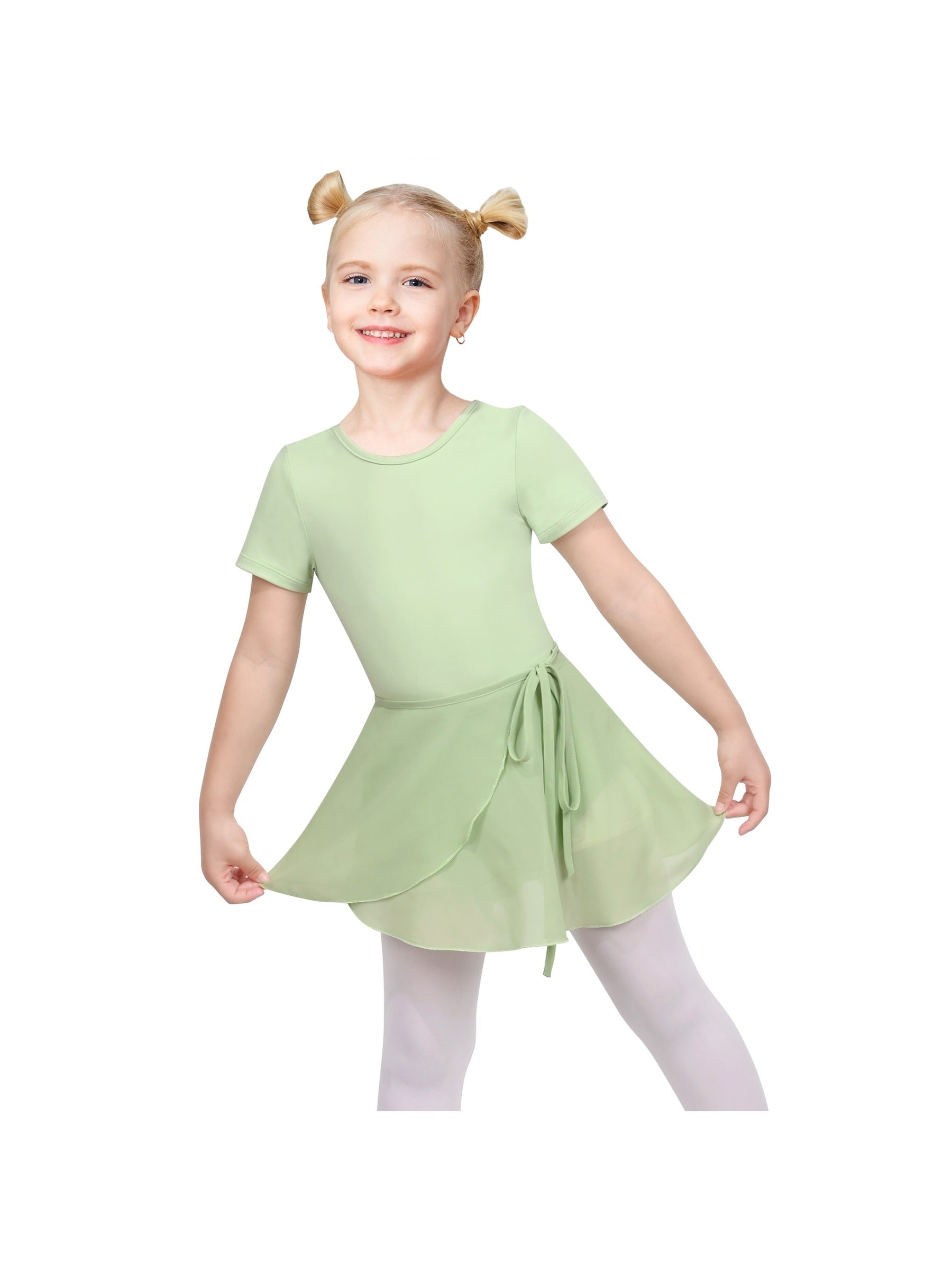 Girls Dress 2 Piece Set Pink Wrap Style Ballet Basic Leotard Short Sleeve Green
