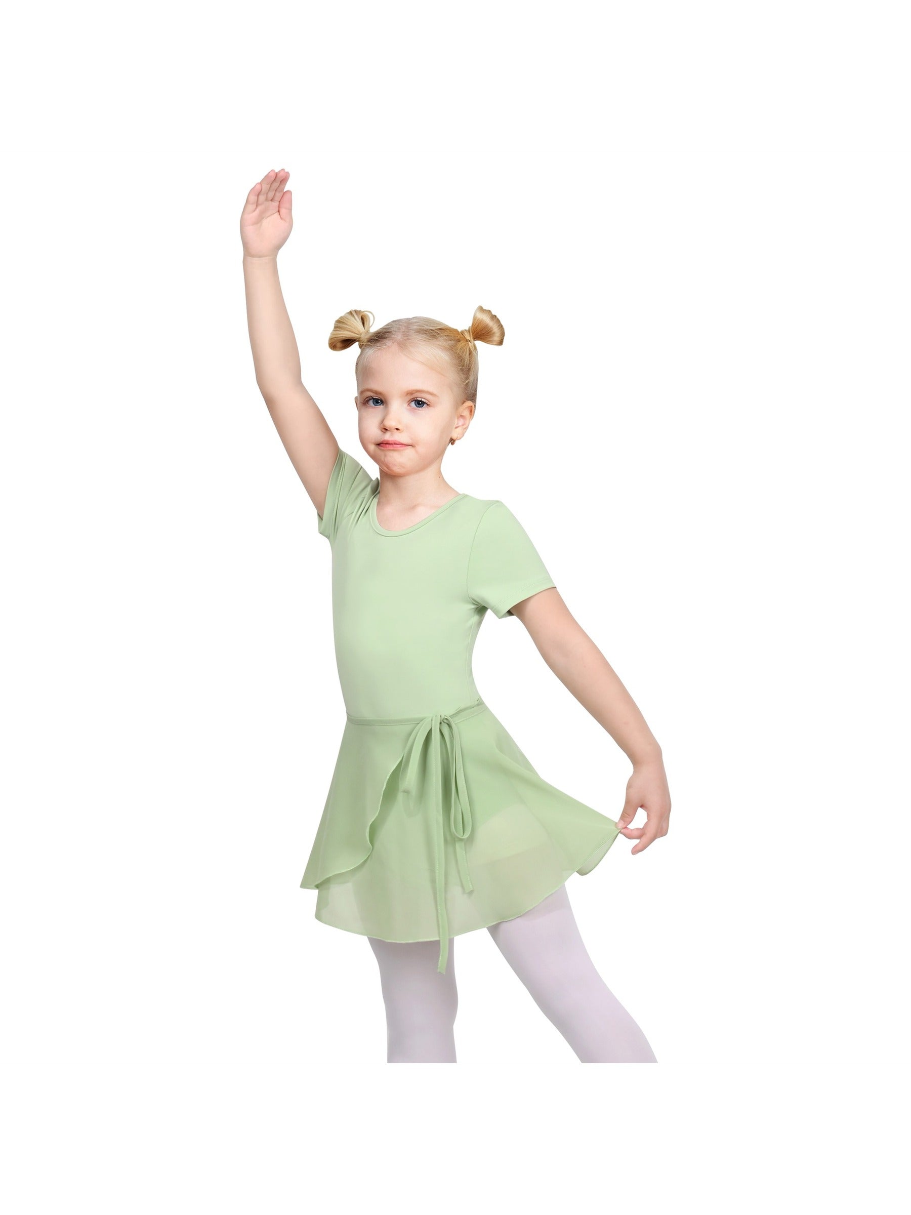 Girls Dress 2 Piece Set Pink Wrap Style Ballet Basic Leotard Short Sleeve Green
