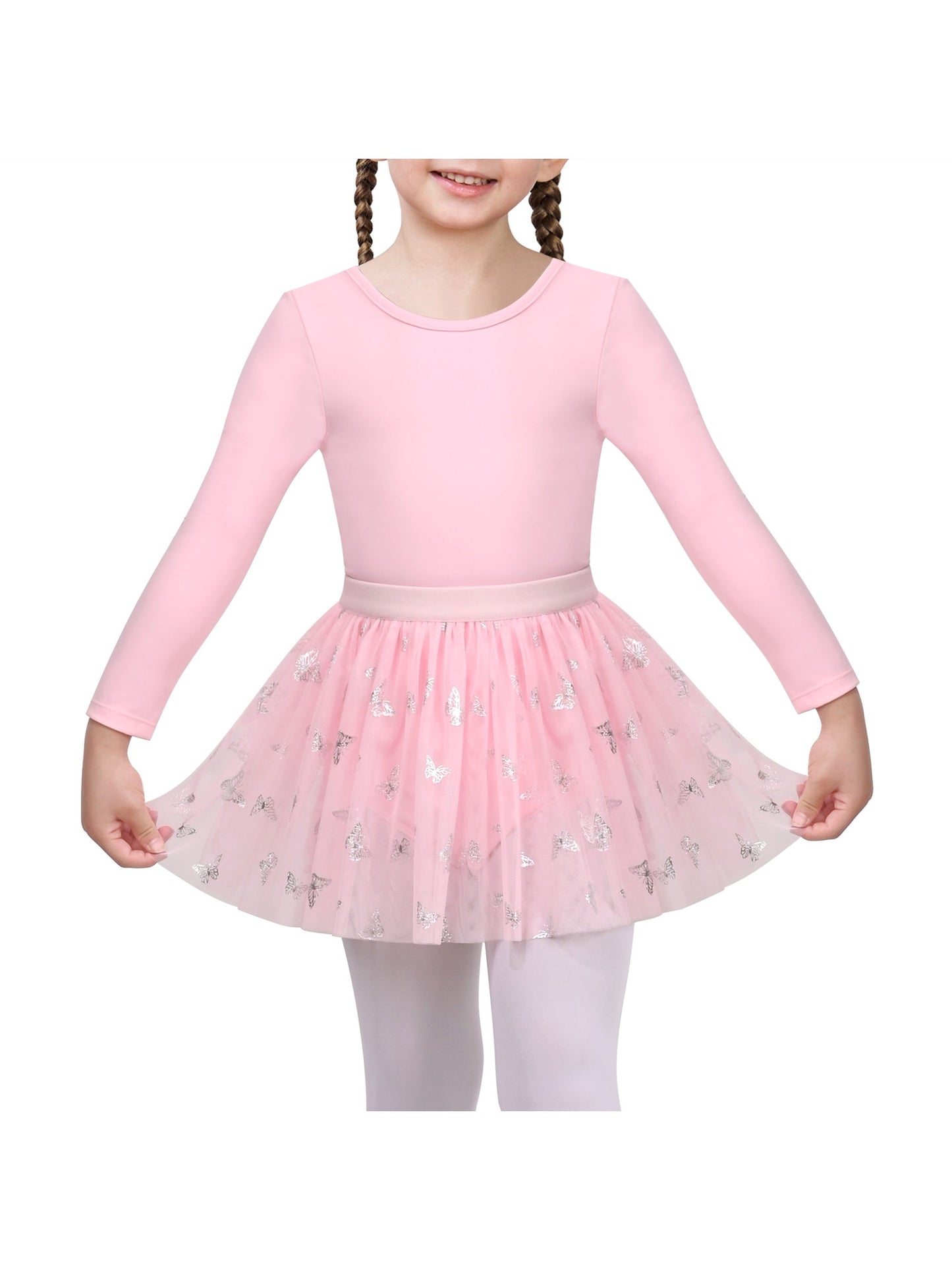 Girls Dress 2 Piece Set Purple Ballet Leotard Butterfly Tulle Long Sleeve Pink